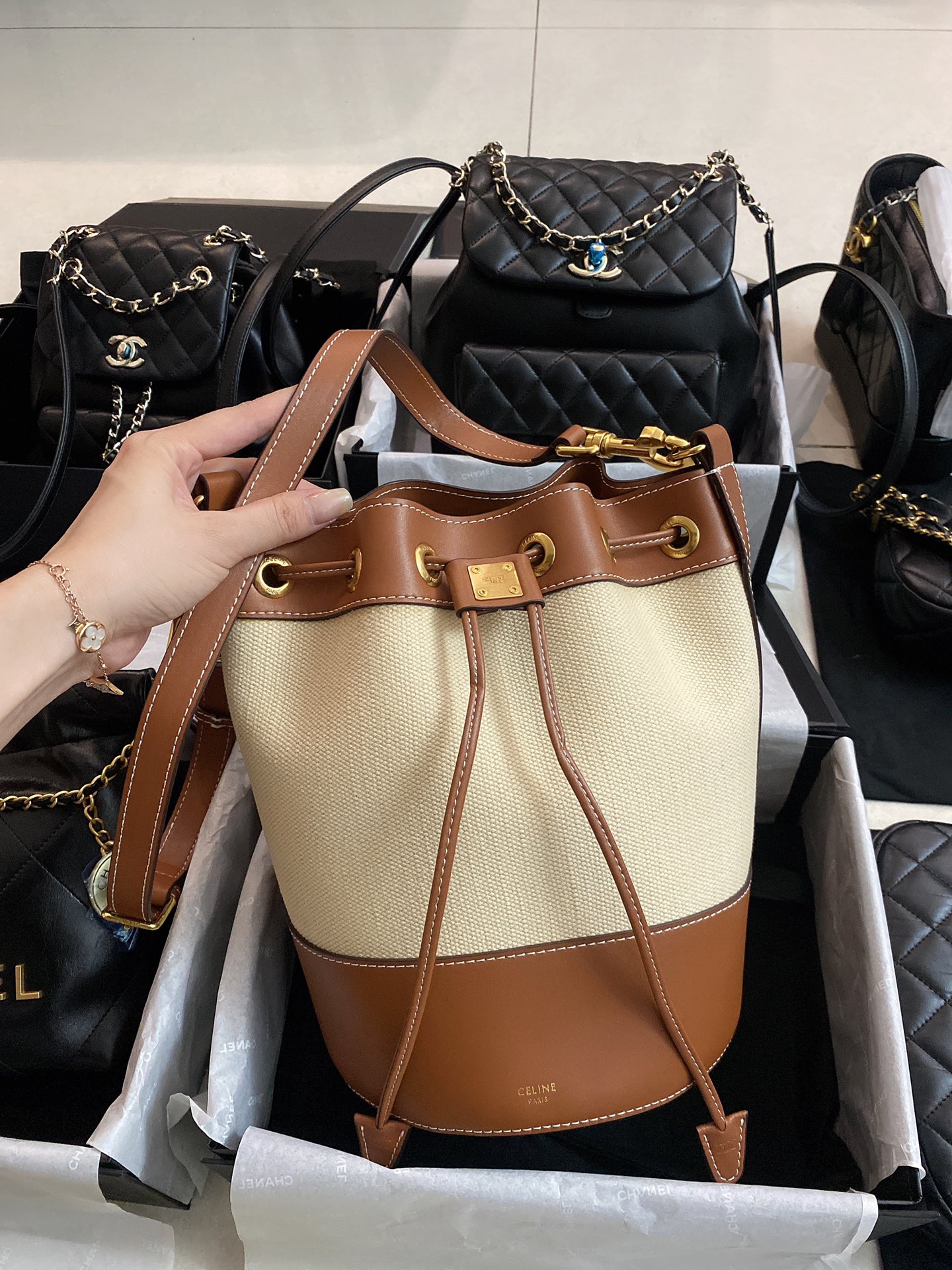 Small drawstring cabas marin in TEXTILE AND CALFSKIN