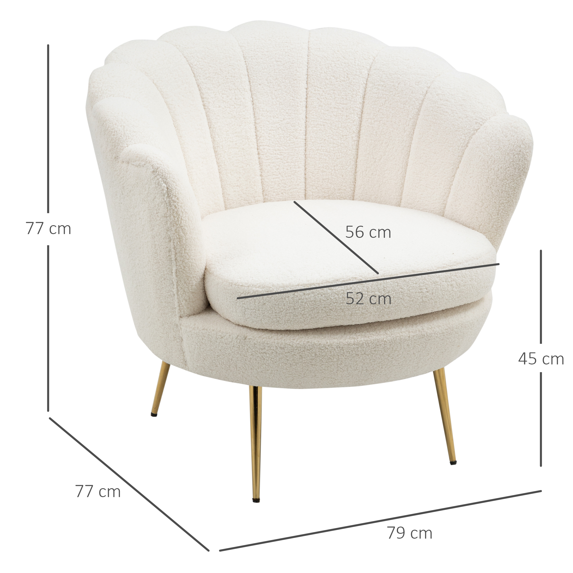 HOMCOM Fauteuil in Schelpvorm, Relaxstoel, Ontspanningsstoel, Metalen Poten in Goudlook, 79D x 77B x 77H cm, Wit