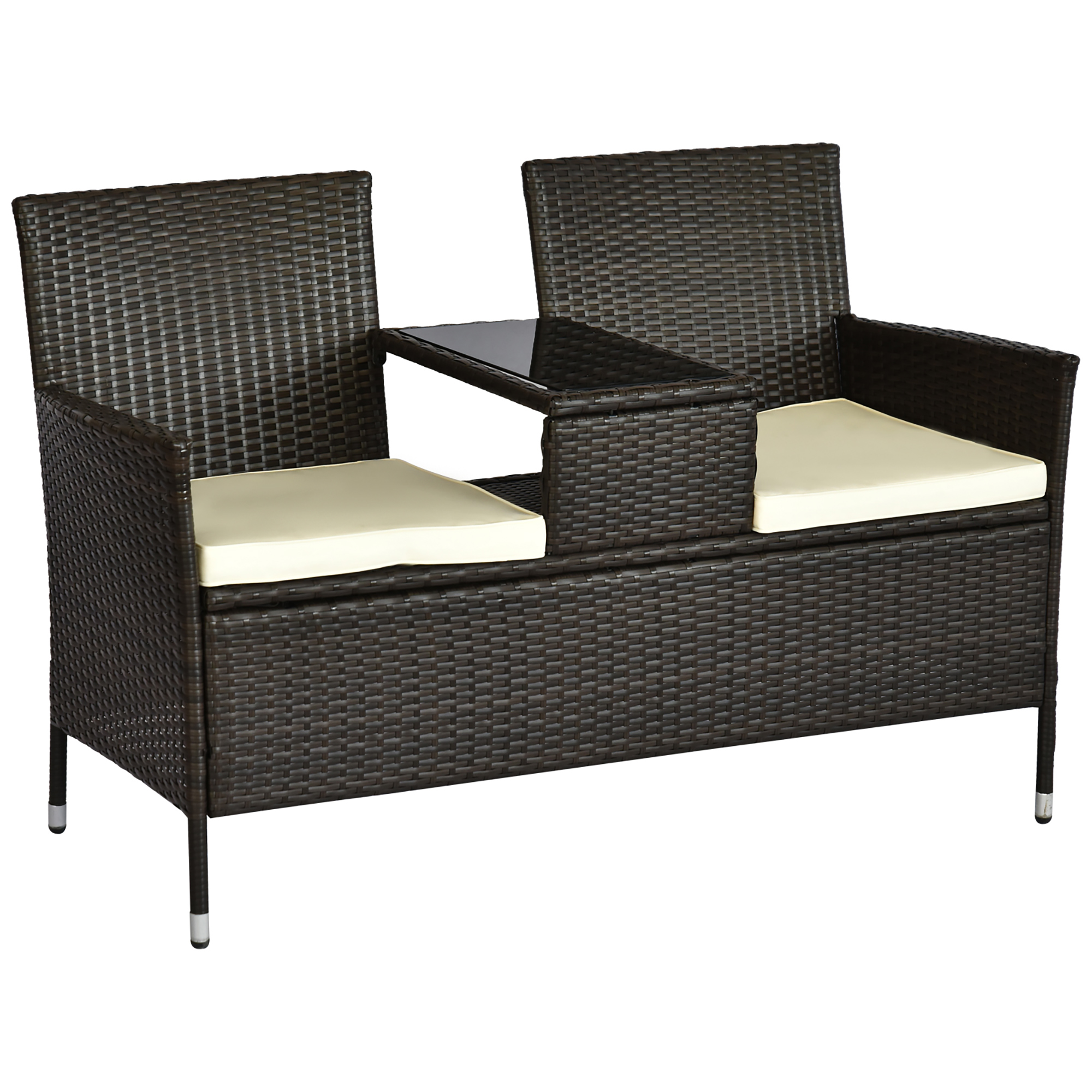 Outsunny Poly-rotan tuinbank met tafel tuinbank bank 2-zits staal bruin
