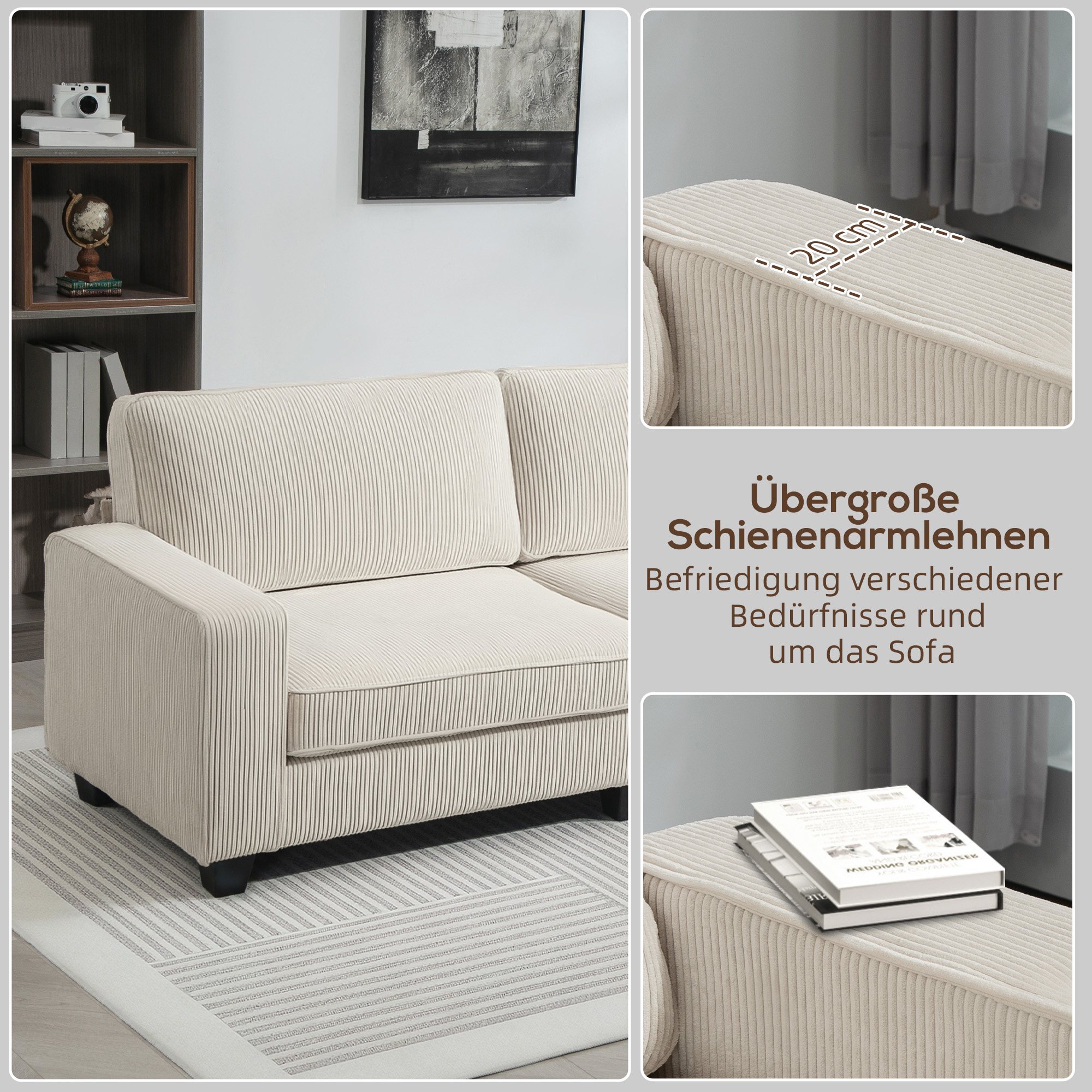 HOMCOM 3-Zitsbank met Corduroy Bekleding, Woonkamerbank met Pocketvering, tot 400 kg, 227 x 84 x 87 cm, Crèmewit