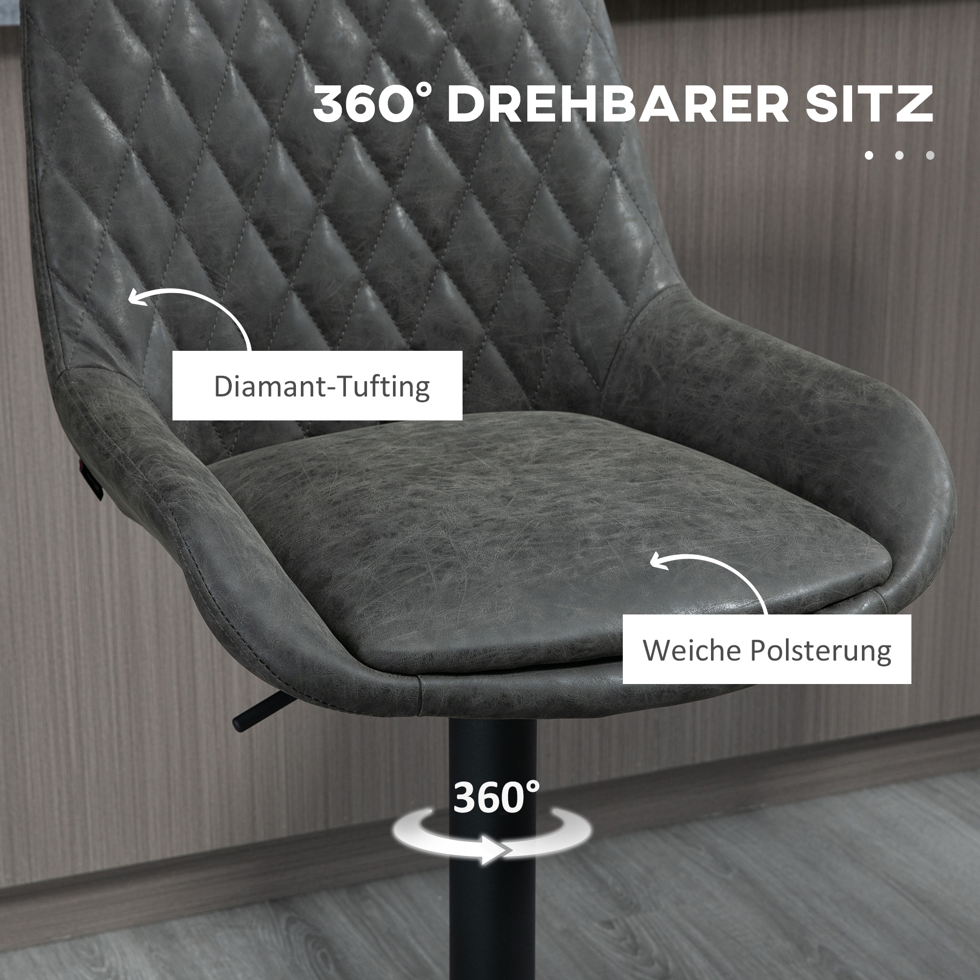 HOMCOM Verstelbare Barkruk Keukenkruk Designkruk, met voetensteun, 51 cm x 59 cm x 117 cm, Donkergrijs + Zwart