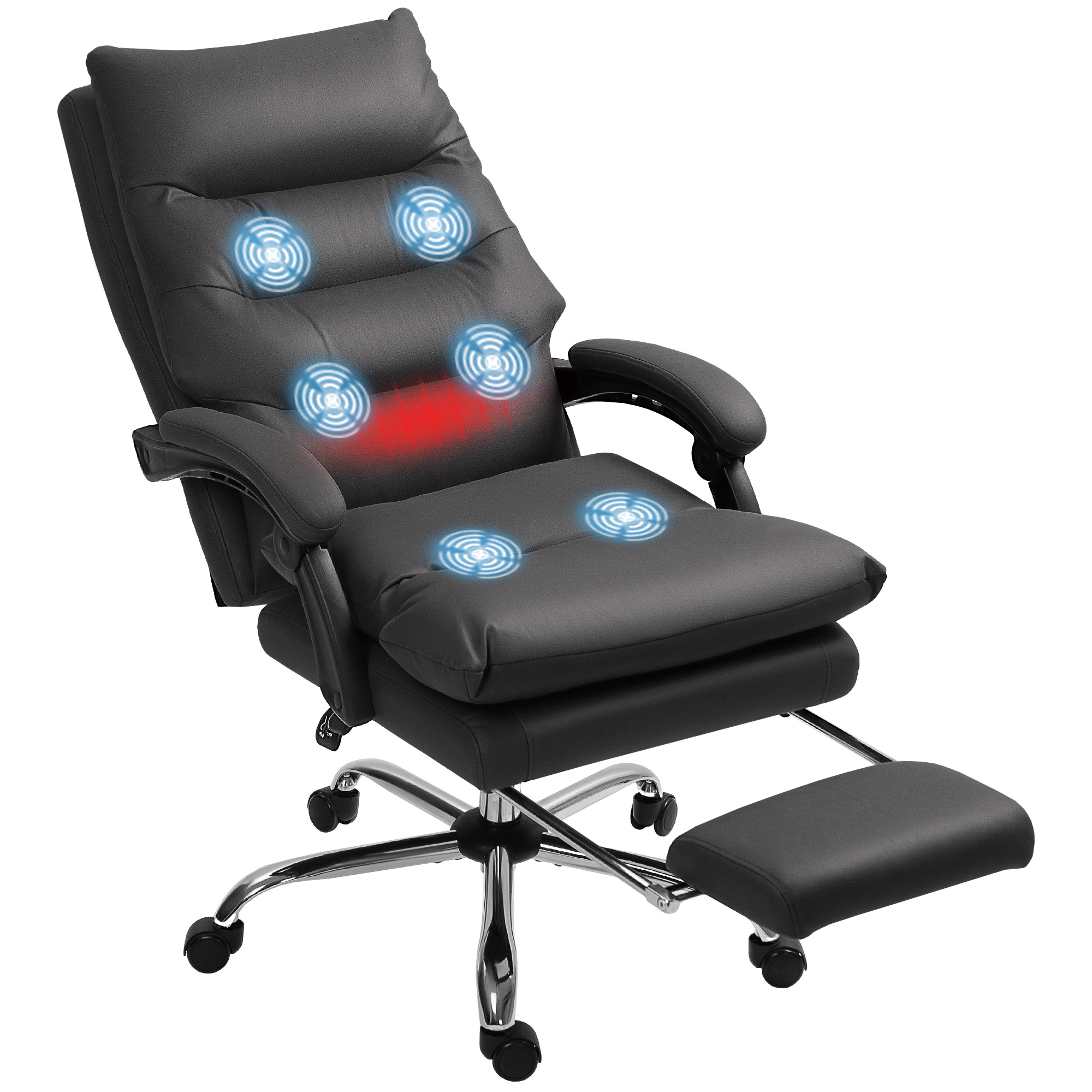 Vinsetto Massage Bureaustoel met Verwarming, Verstelbaar en Kantelbaar, Kunstleer, 65x72x109-117cm, Zwart