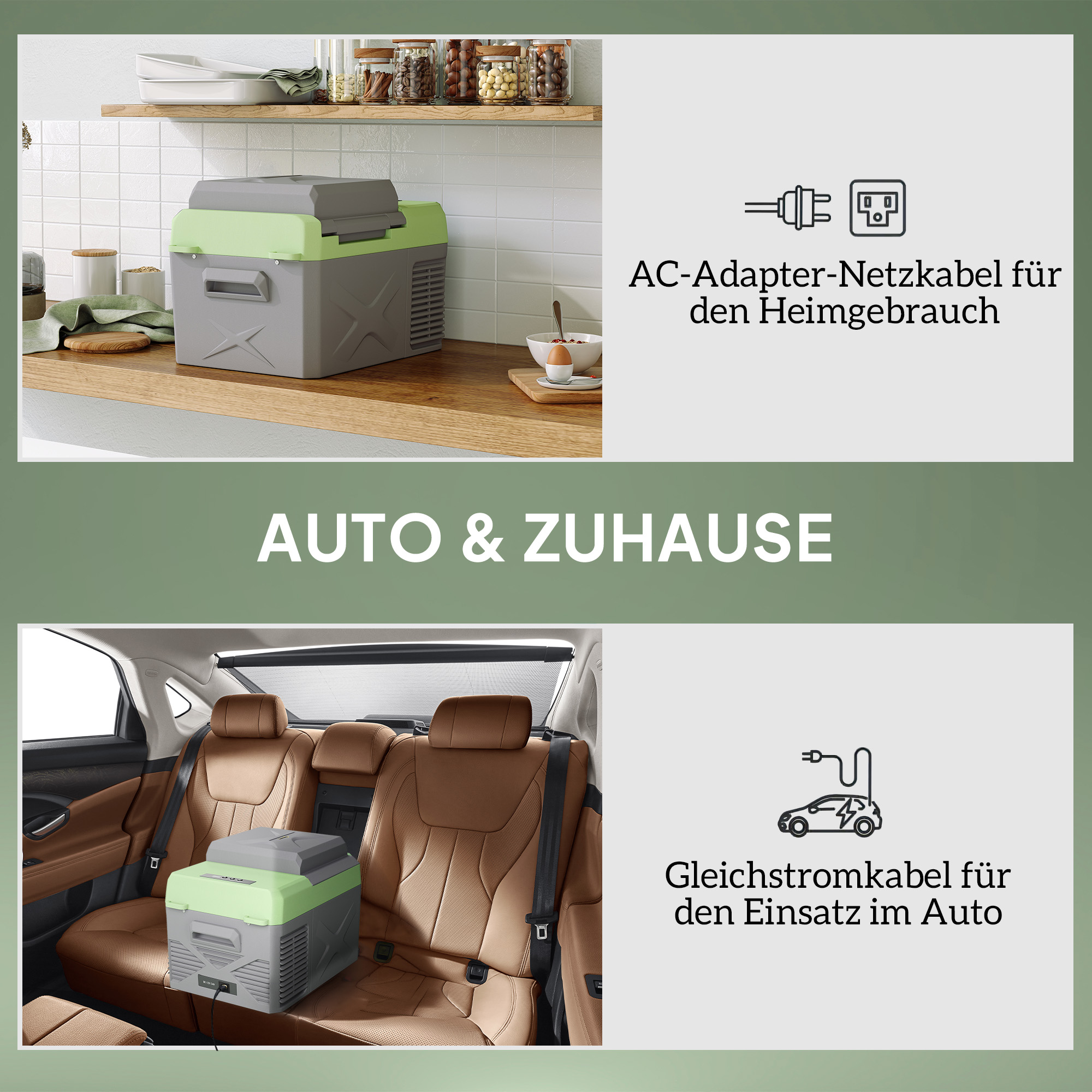 Outsunny 12 Liter Compressor Koelbox Elektrische Koelbox met Anschluss Koel- en Vriesfunctie Grijs+Groen