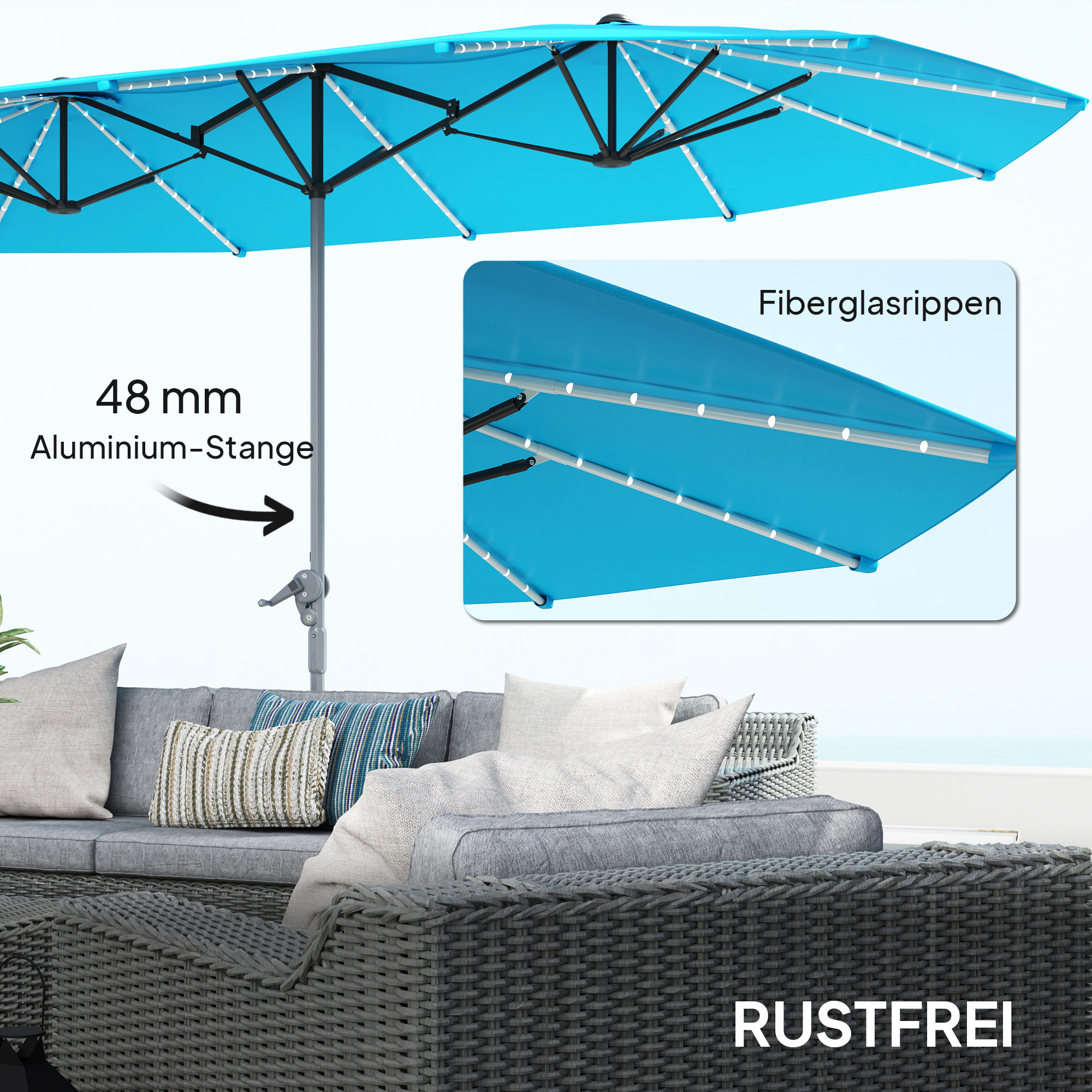 Outsunny Dubbele Parasol met Zonne-energie Verlichting, Aluminium, Polyester, UPF50+ Bescherming, UV-bestendig, Terrasparasol, Blauw