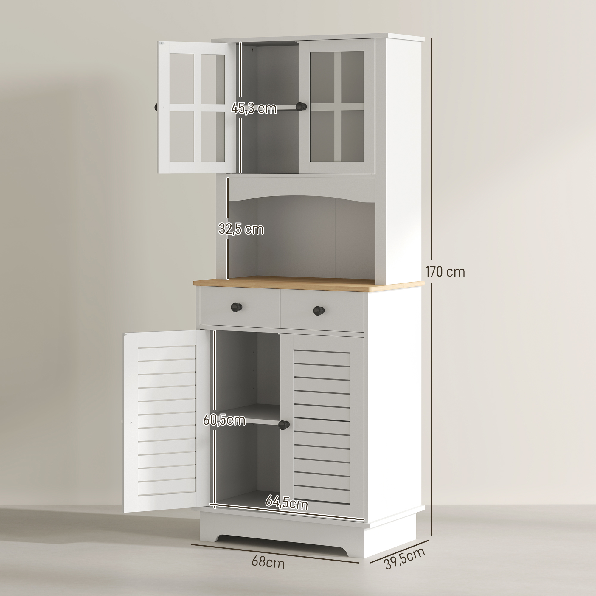HOMCOM Keukenkast met Glazen Deuren, 2 Laden, Servieskast, Eetkamerschrank, Hout, 68 x 39,5 x 170 cm, Wit