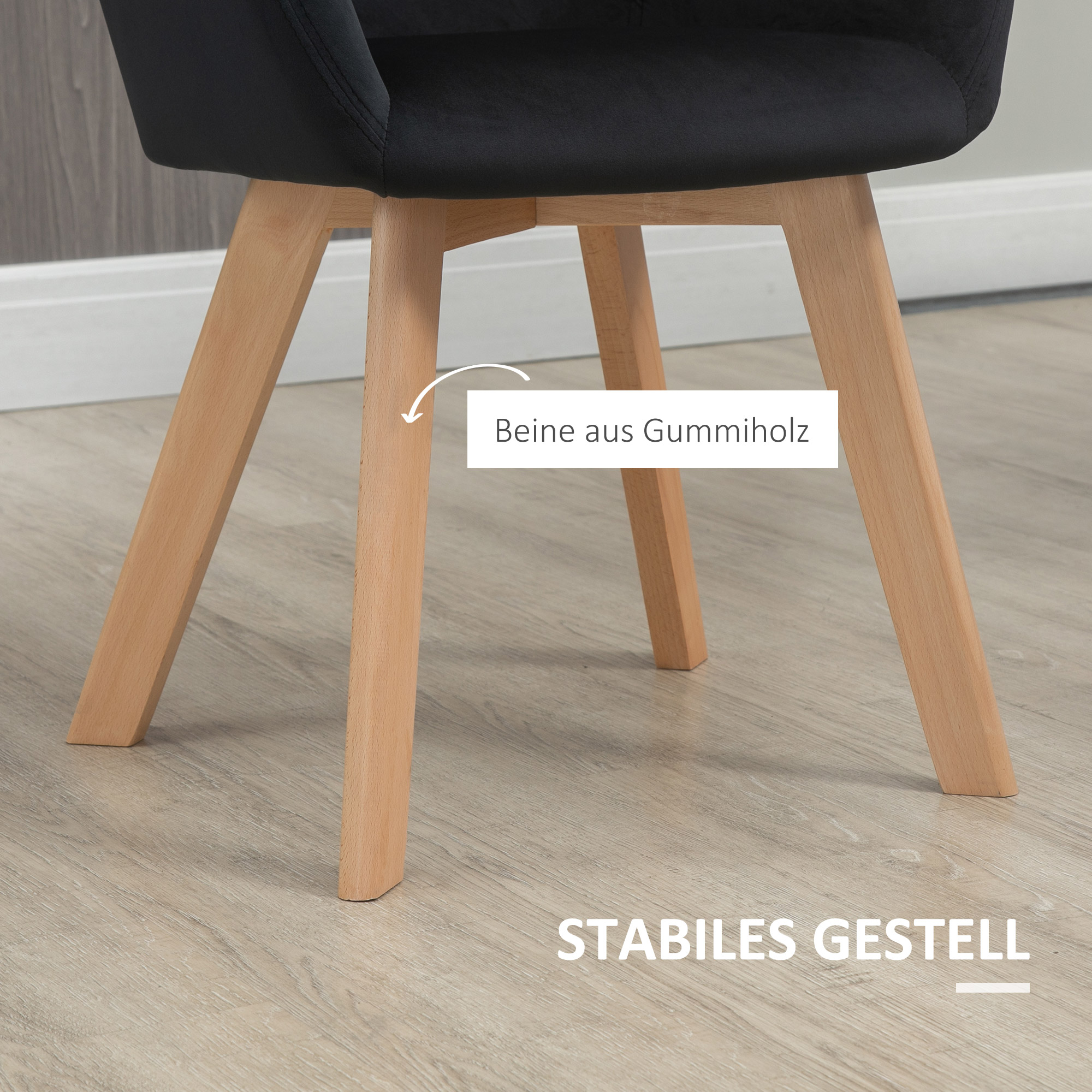 HOMCOM Eetkamerstoelen, 2-delig, modern ontwerp, velourslook, rubberhout, 54x57x80 cm, Zwart