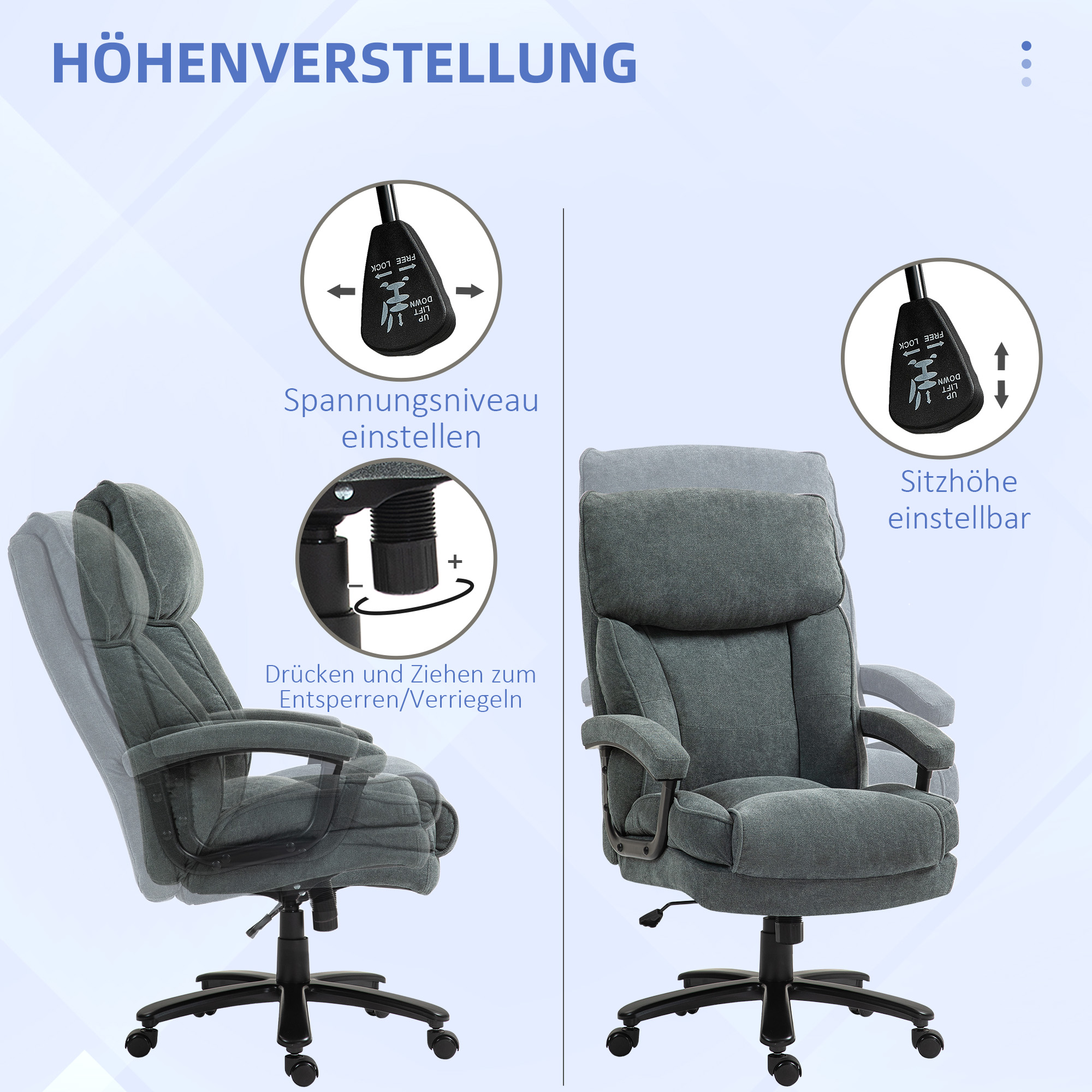 HOMCOM Grote Hoge Bureaustoel, 200 kg Draagcapaciteit, Robuuste Constructie, Zacht Bekleed, Grijs