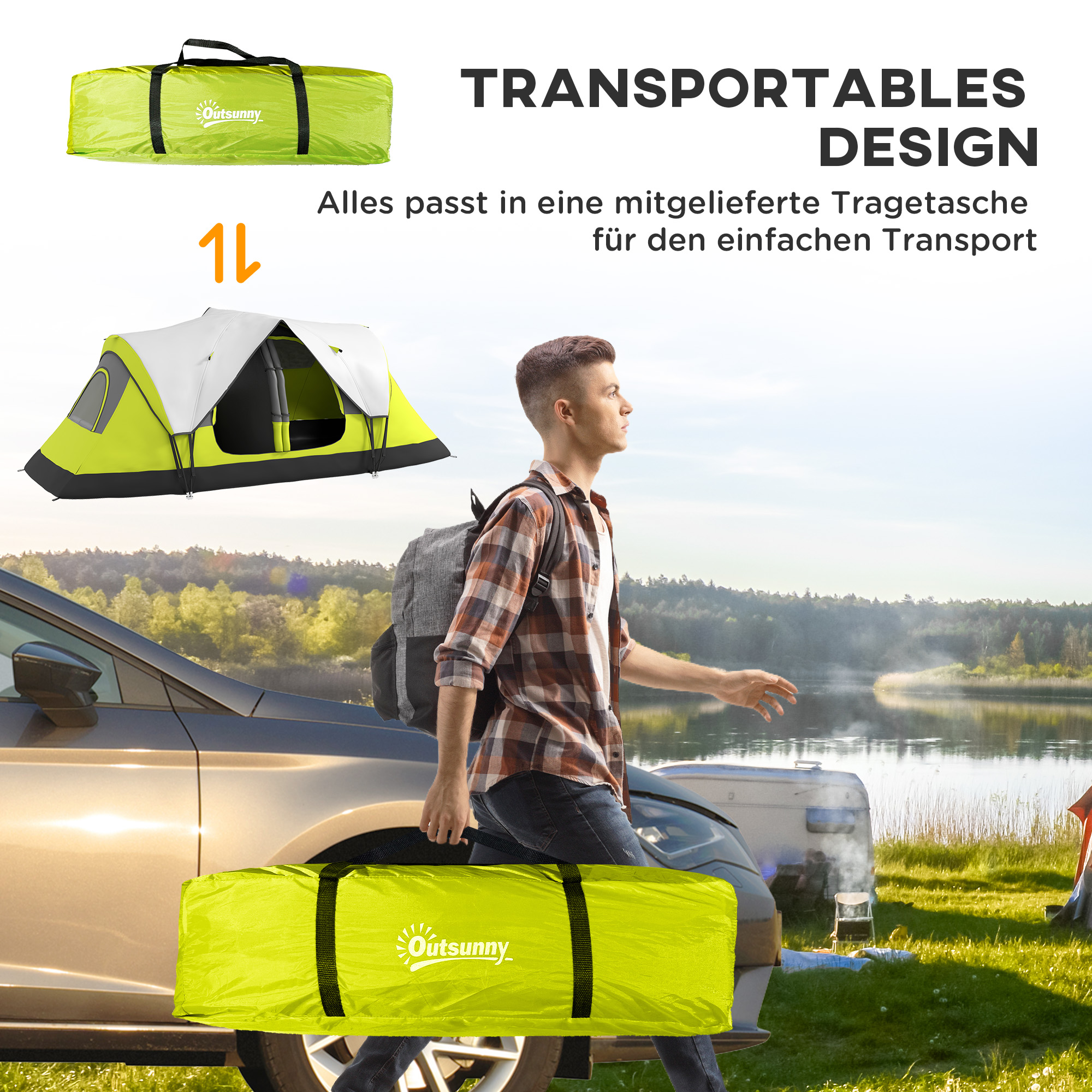 Outsunny Campingtent, 2 Kamers, Scheidingswand, voor 6 Personen, Regenbescherming, Donkergroen