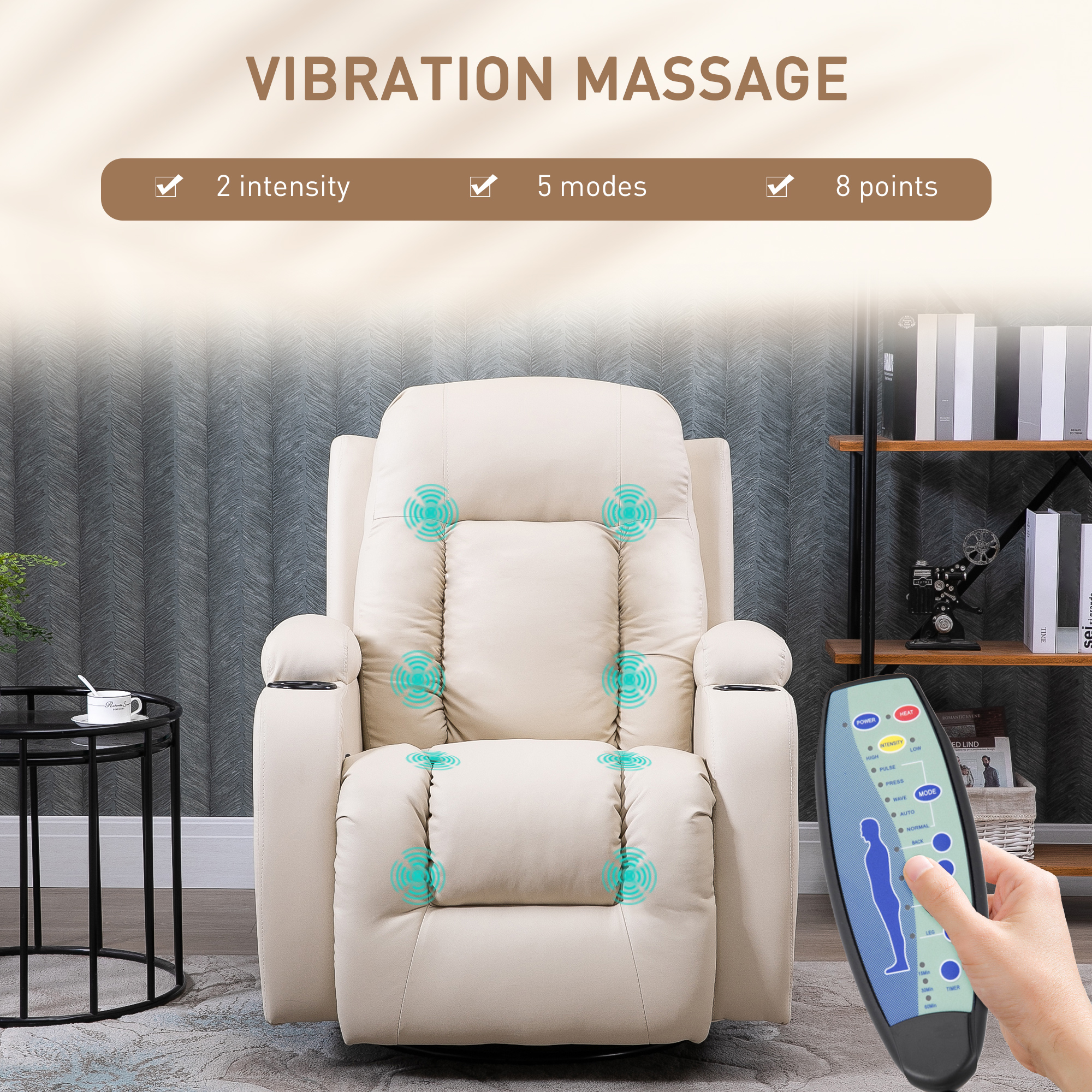 HOMCOM Massagestoel, relaxstoel, schommelfunctie, 8 vibratiepunten, inclusief afstandsbediening, zwart, crème