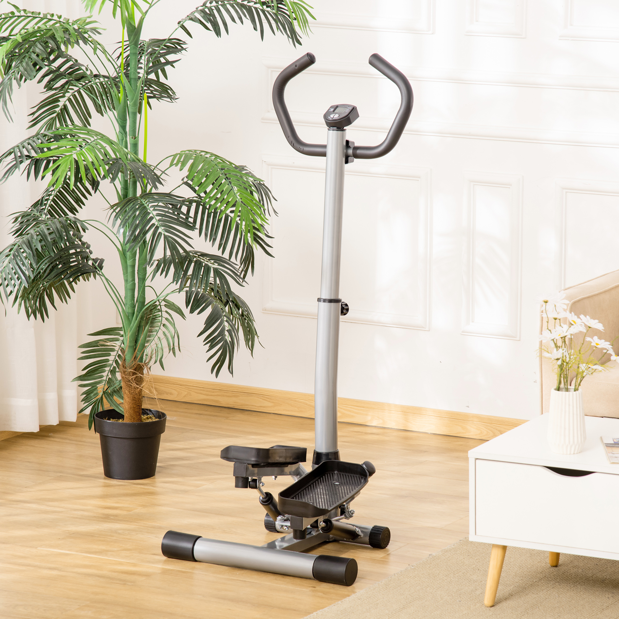 HOMCOM stepper met handvat fitness hometrainer voor thuis, klein fitnessapparaat voor been- en bodemtraining met LCD-scherm, instelbare snelheid Metaal ABS Zwart + Zilver 55 x 53 x 118-128 cm