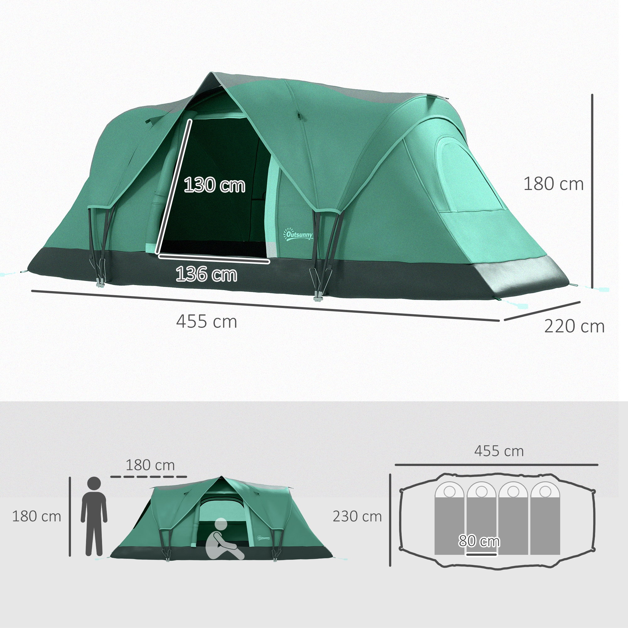 Outsunny Familietent voor 5-6 personen, met lampenhaak, zijvakken, 4,55x2,3x1,8m, Groen/Zwart