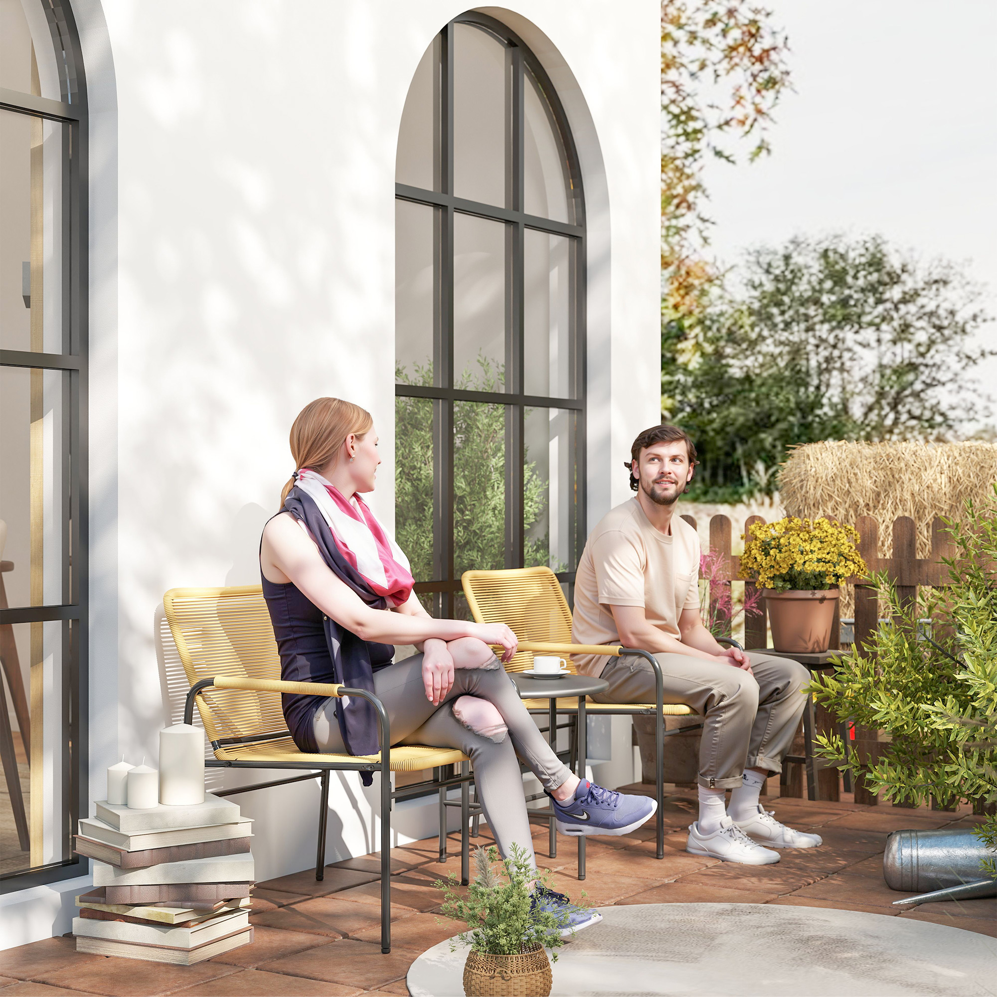 Outsunny 3-delig Rattan Bistroset, Zitgroep, Tuinset met 2 Tuinstoelen, Salontafel 54 x 66 x 76 cm Geel