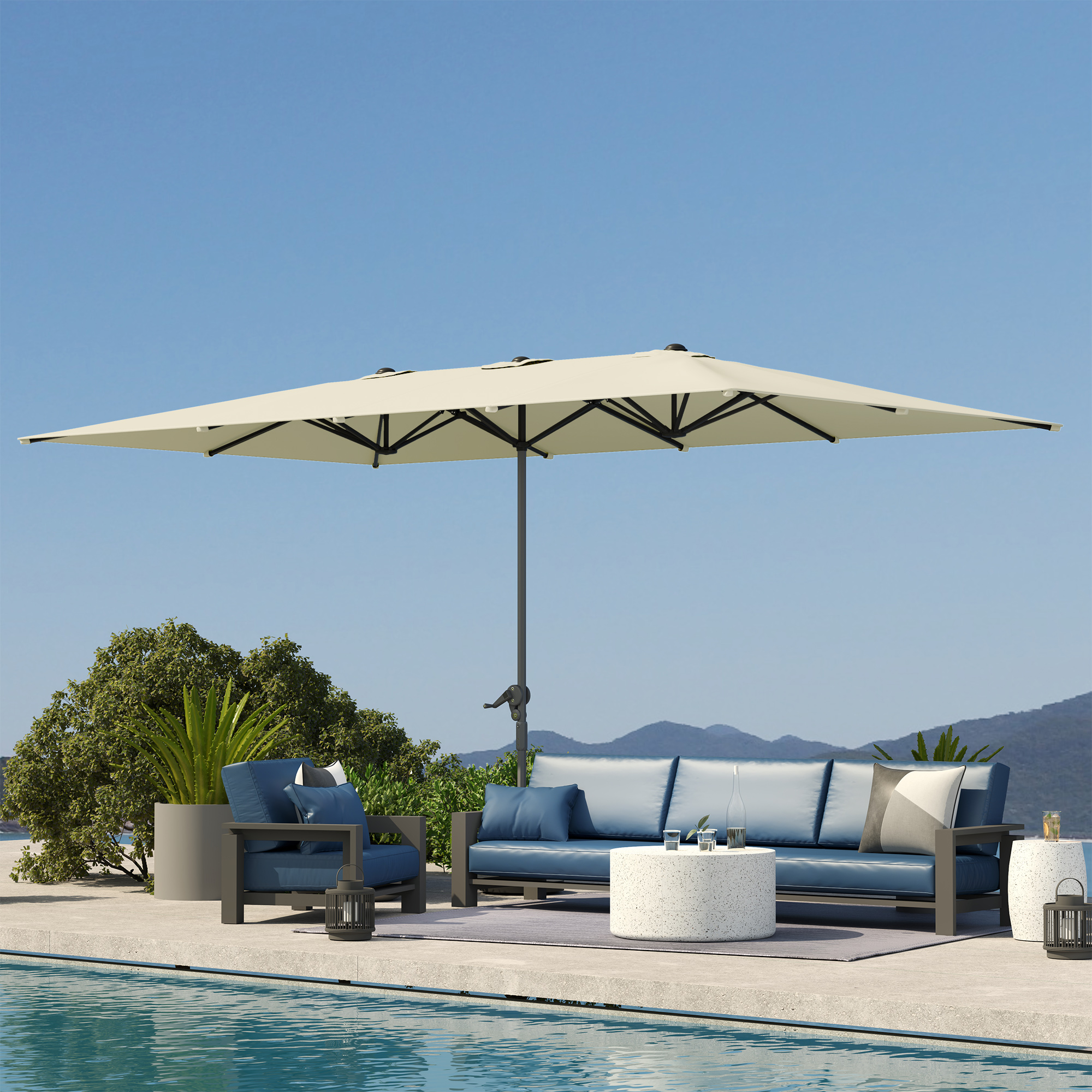 Outsunny Dubbelzijdige Parasol, 451 x 264 cm Zonnescherm met Kruksysteem, 12 Metalen Baleinen, Aluminiummast, Crèmewit