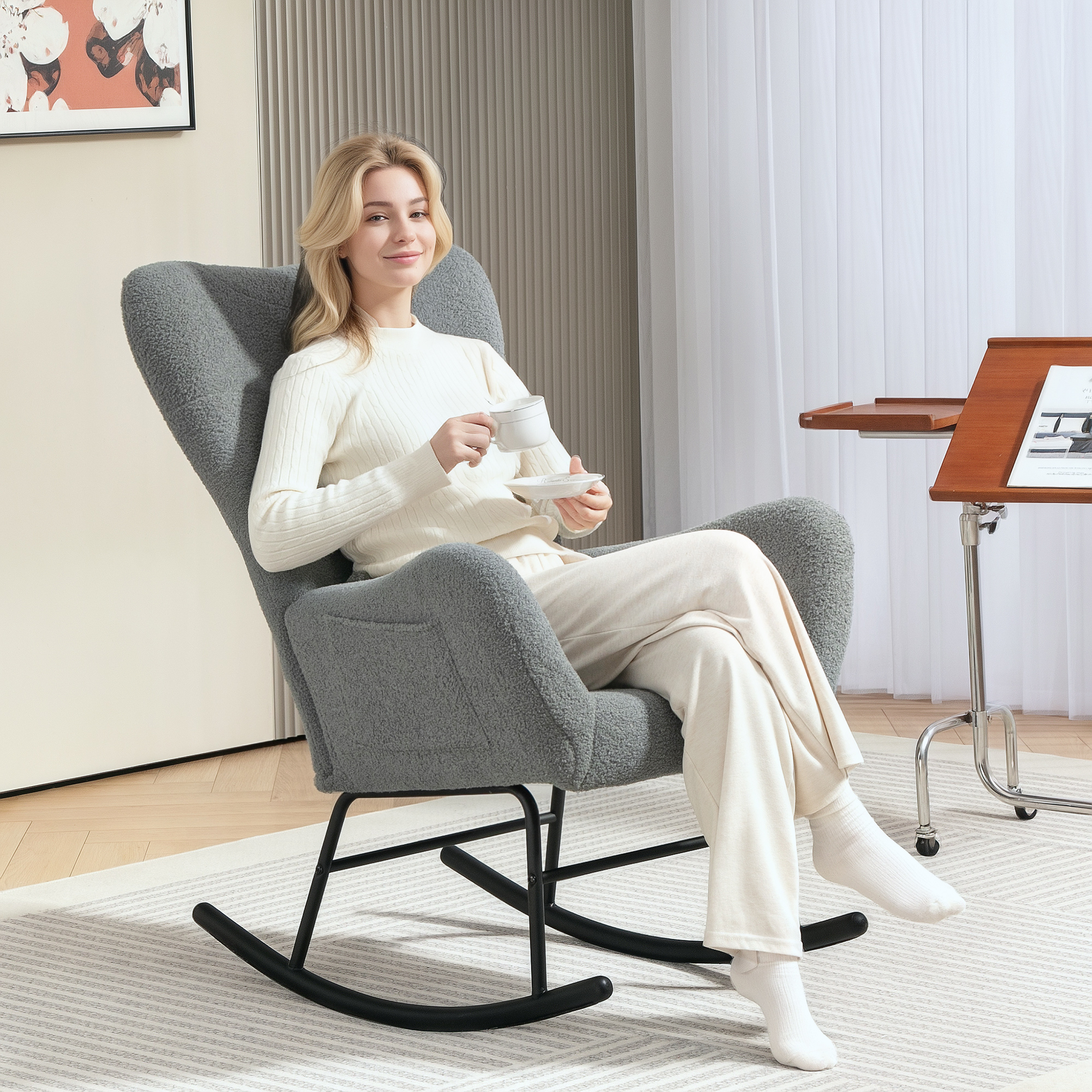 HOMCOM Schommelstoel, Pluizige Bekleding, Lendekussen, Antislip, Tot 120 kg, Grijs