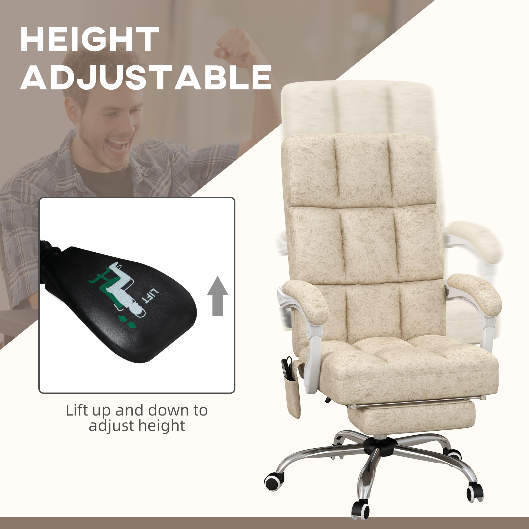 Vinsetto Bureaustoel met Massage- & Warmtefunctie, Voetsteun, Verstelbaar, tot 120kg, Beige