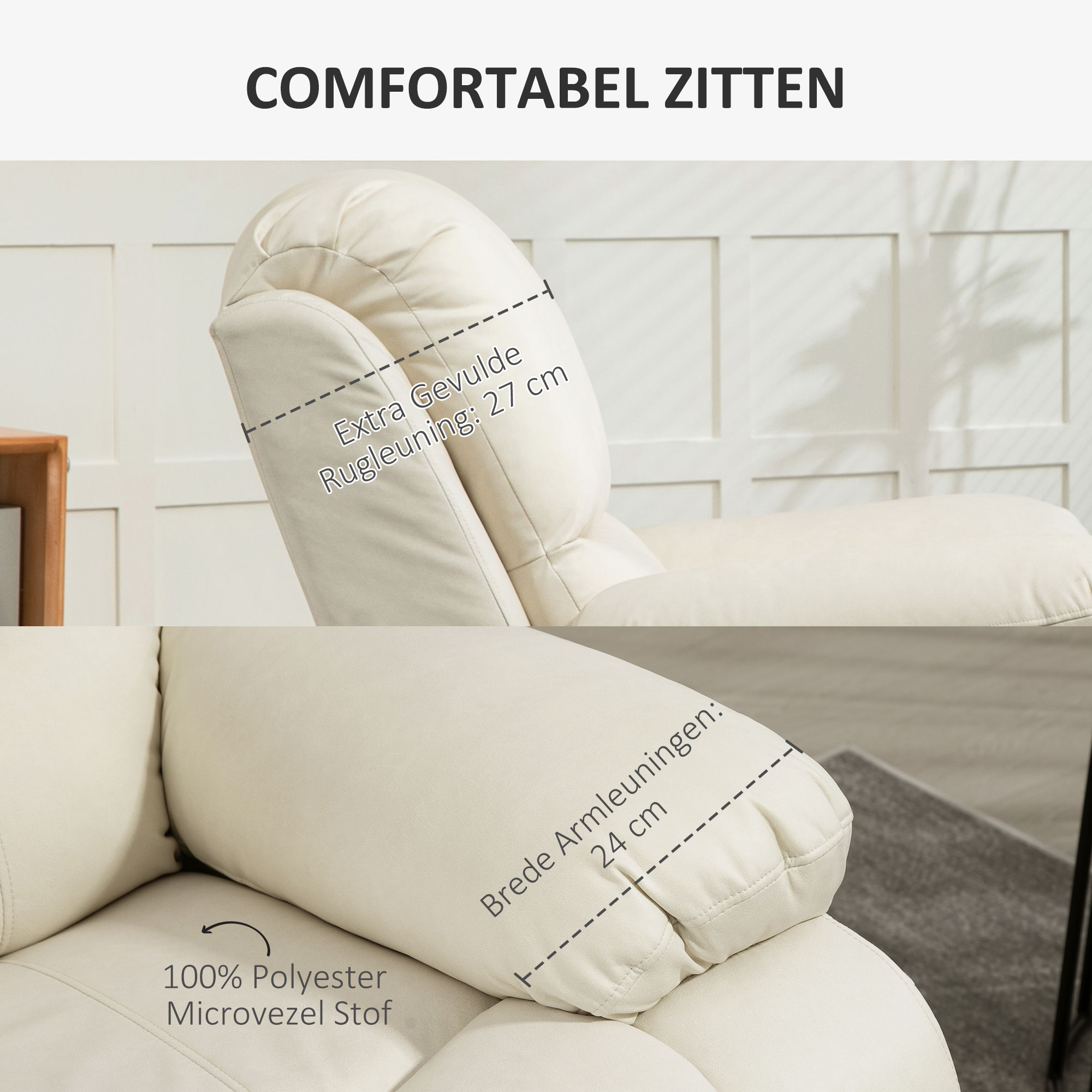 HOMCOM Relaxstoel, verstelbare leuning & voetsteun, draaibaar, tot 150 kg, stalen frame, 93x100x98cm, Crèmewit