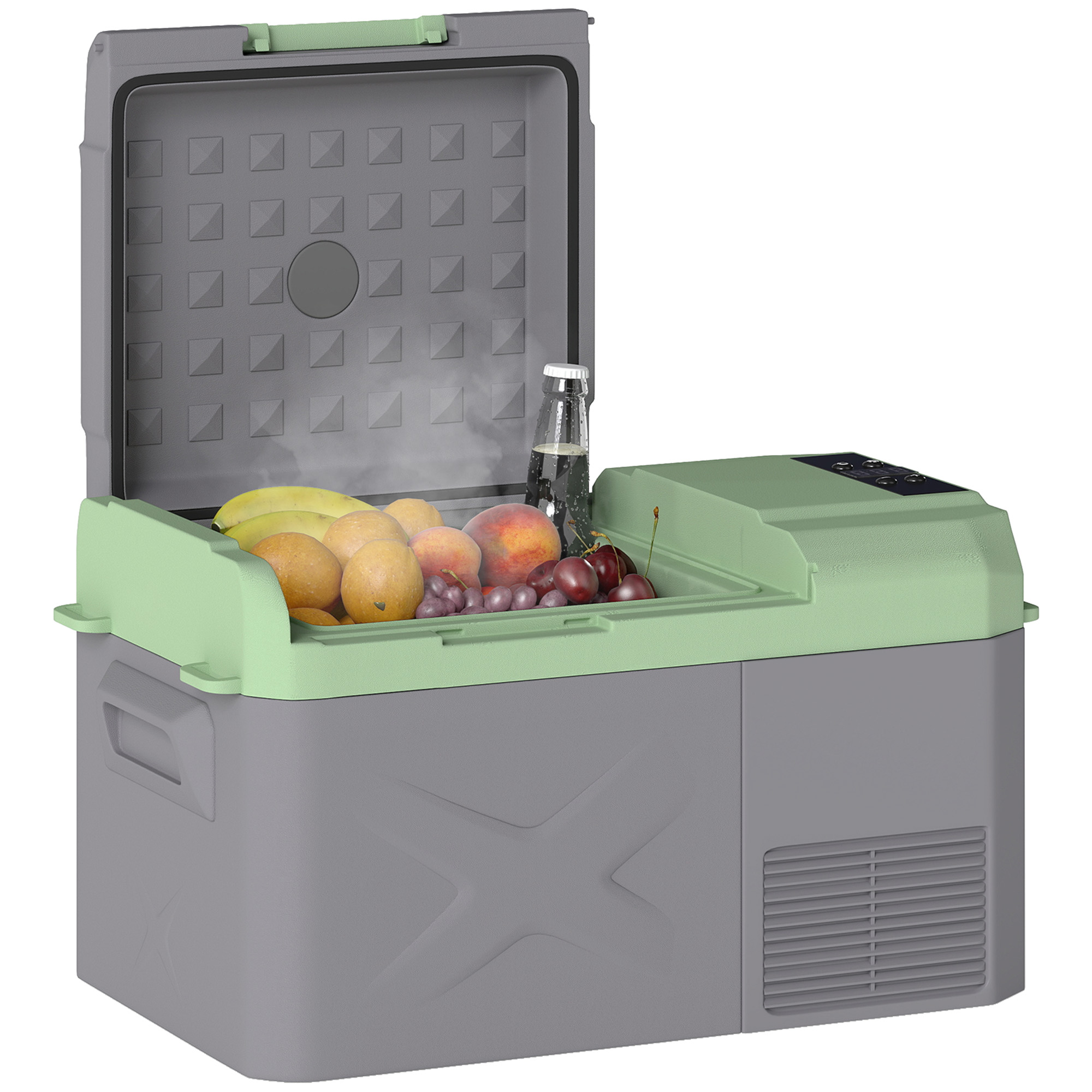 Outsunny 24,2 Liter Campingkoelkast, Autokoelkast, Koelbox met LED-Licht, AC- en DC-Adapters, Stille Werking, Grijs+Groen
