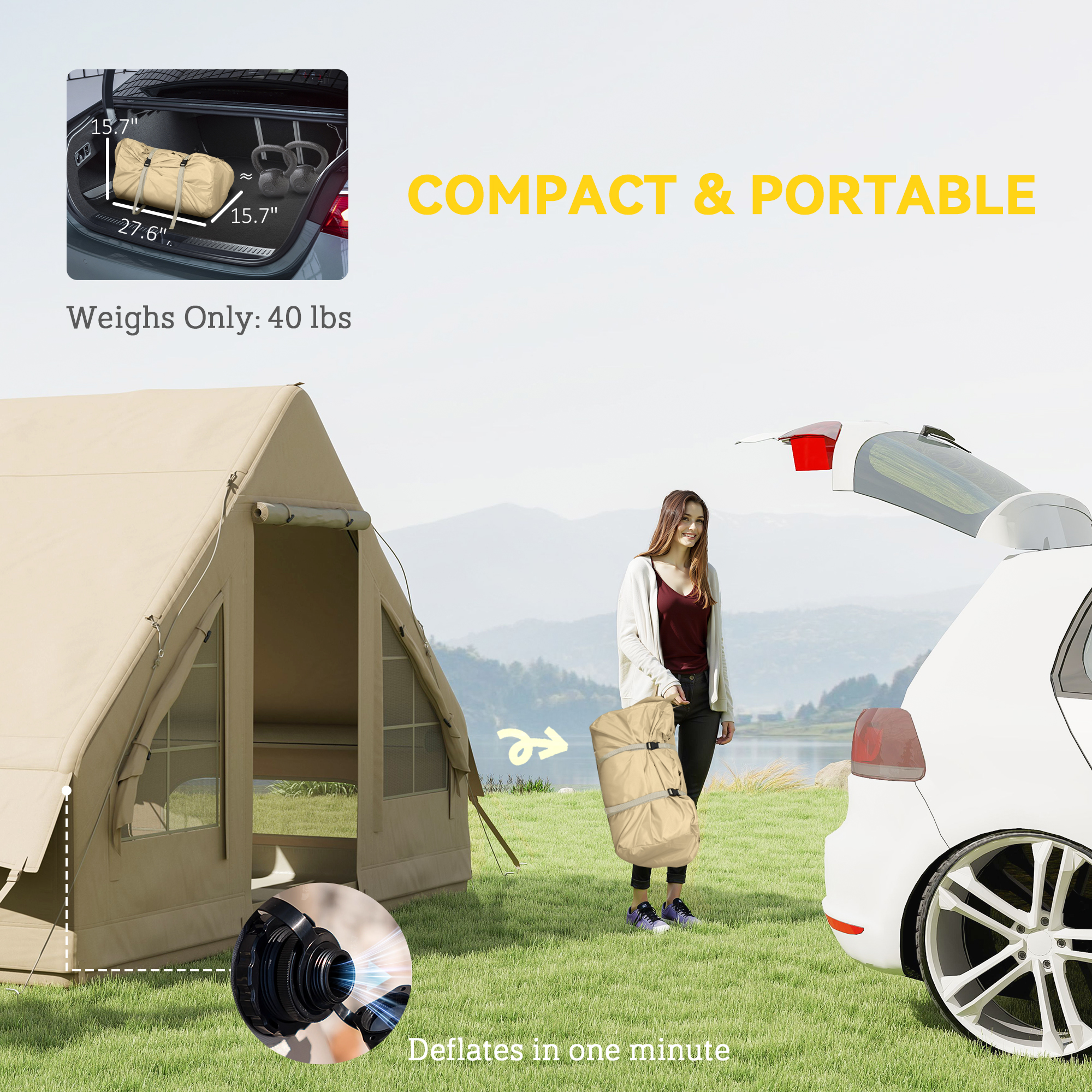 Outsunny Opblaasbare Campingtent, Slaaptent, Oxford-Stof, Netramen, Waterdicht