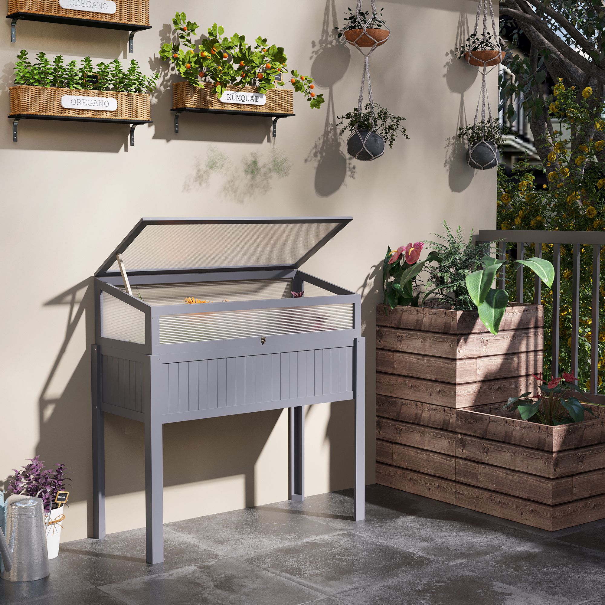 Outsunny Verhoogd Bed Hout met Koud Frame 2-in-1 Kas Tomatenhuis Groentebed Kruidenbed Plantenbak voor Tuin Balkon en Terras Polycarbonaat Grijs 120 x 54 x 112/122 cm