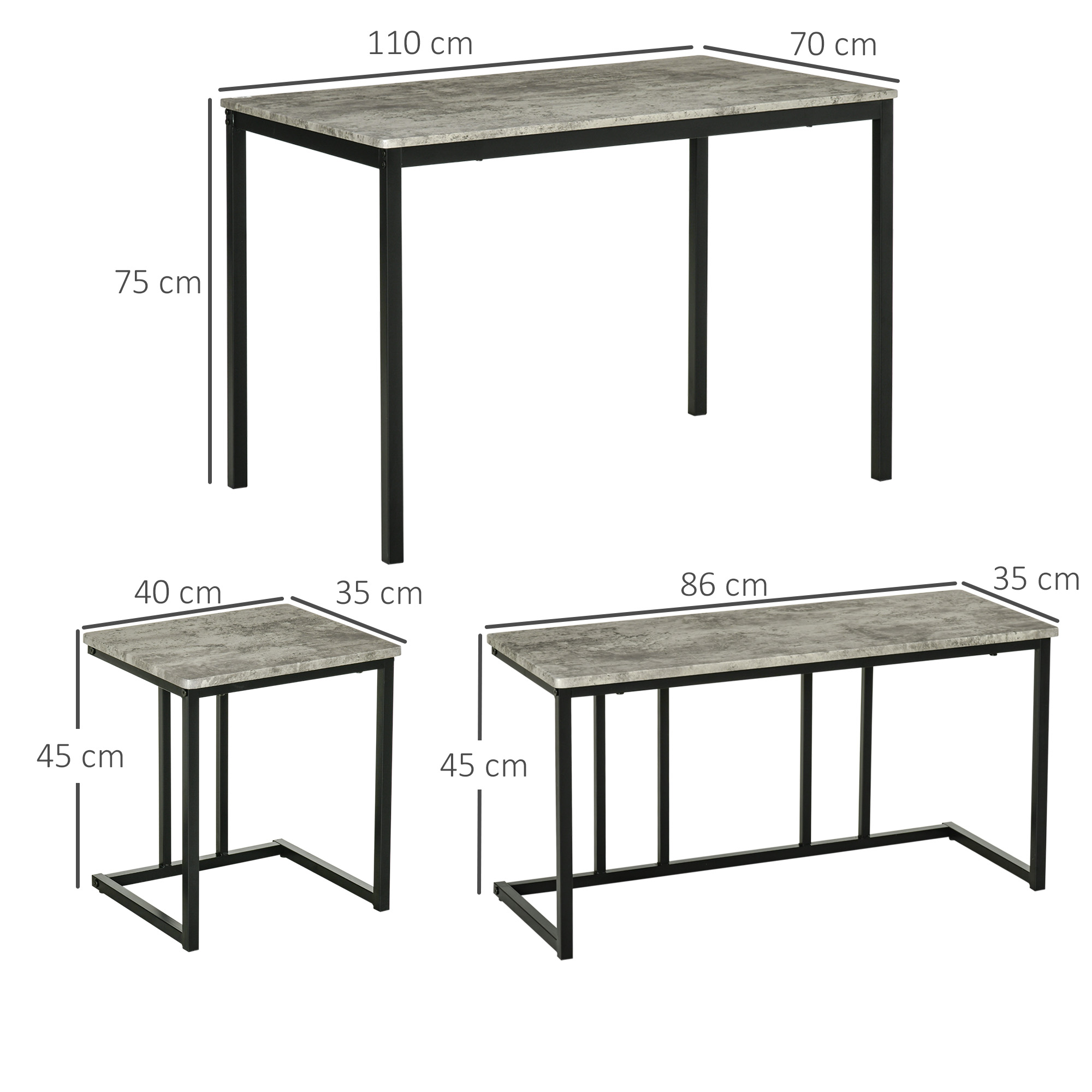 HOMCOM Eetset, 4-delig, Tafel, 2 Krukken en Bank, Compact, Metalen Frame, Grijs