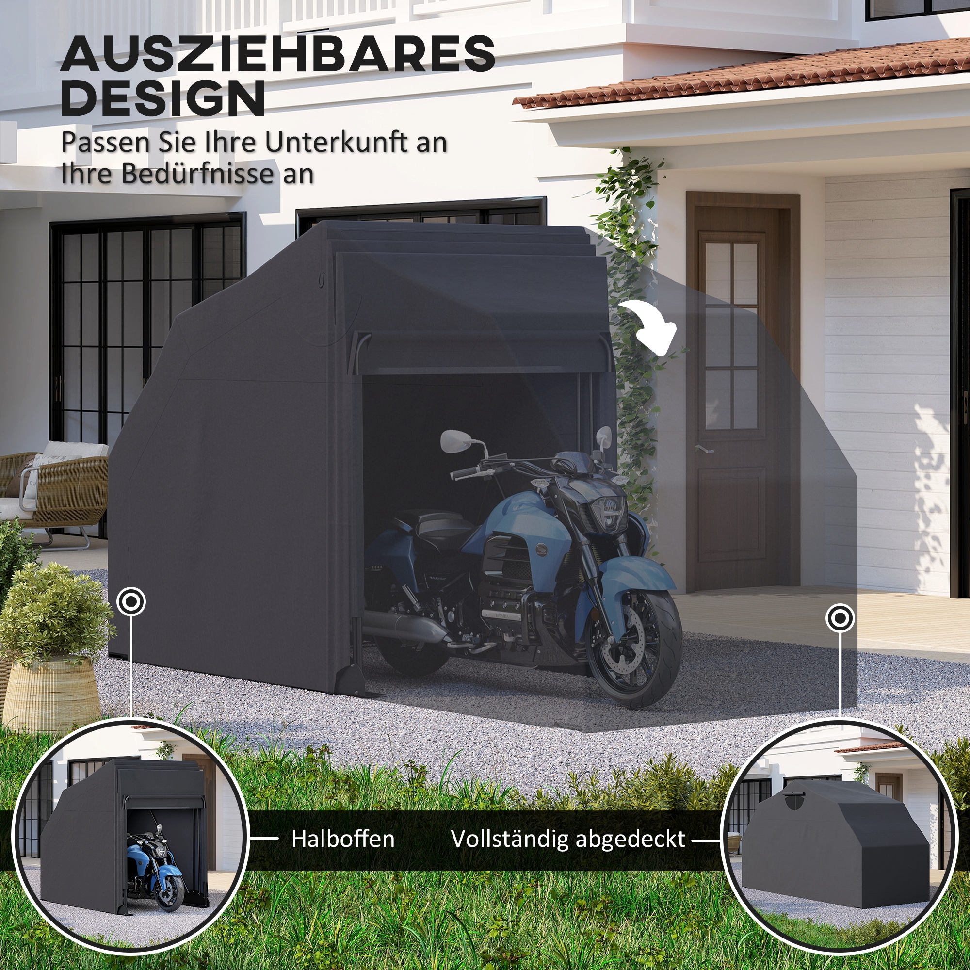 Outsunny Motorhoes Inklapbaar Outdoor Motorafdekking Waterdicht Winterbestendig XXL 345cmx135cmx191cm Zwart