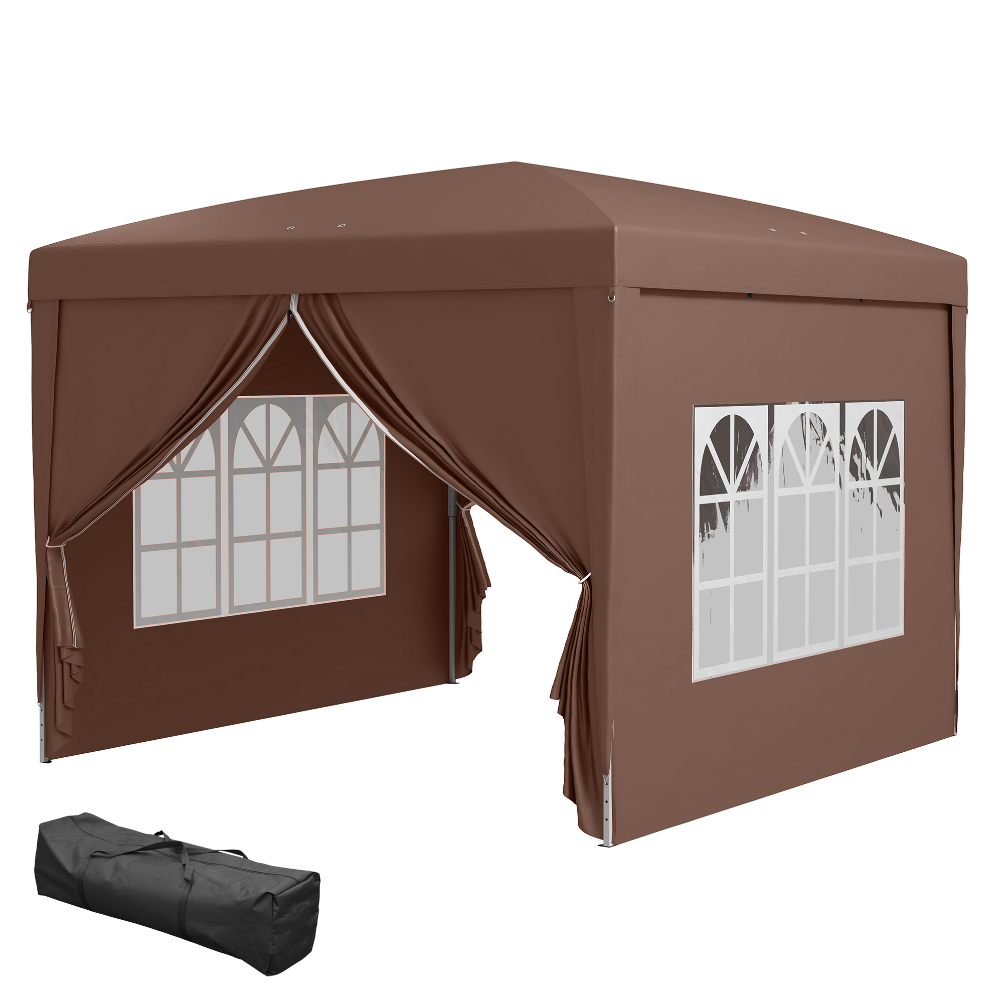 Outsunny 3 x 3 m Paviljoen met 4 zijwanden, ramen, feesttent met UV-bescherming, tuinpaviljoen incl. draagtas, Staal, Koffie