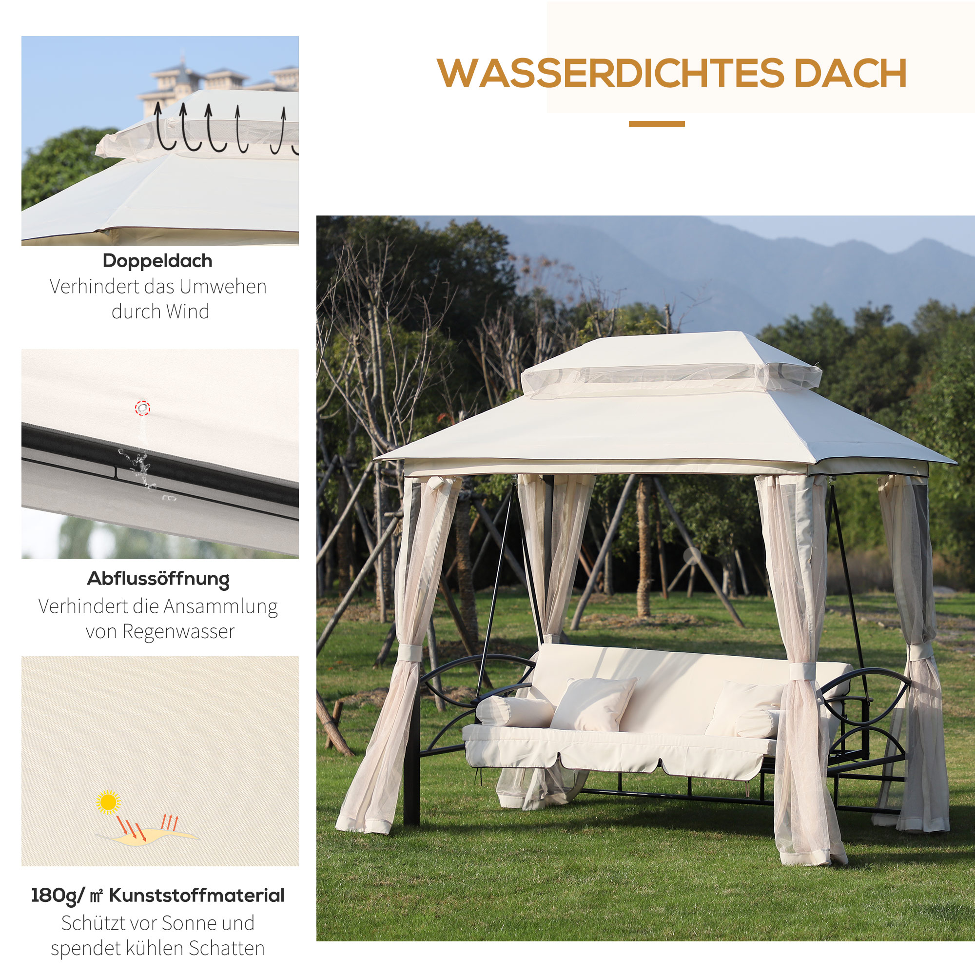 Outsunny 3-zitter Hollywoodschommel tuinschommel paviljoen zijwanden ligfunctie