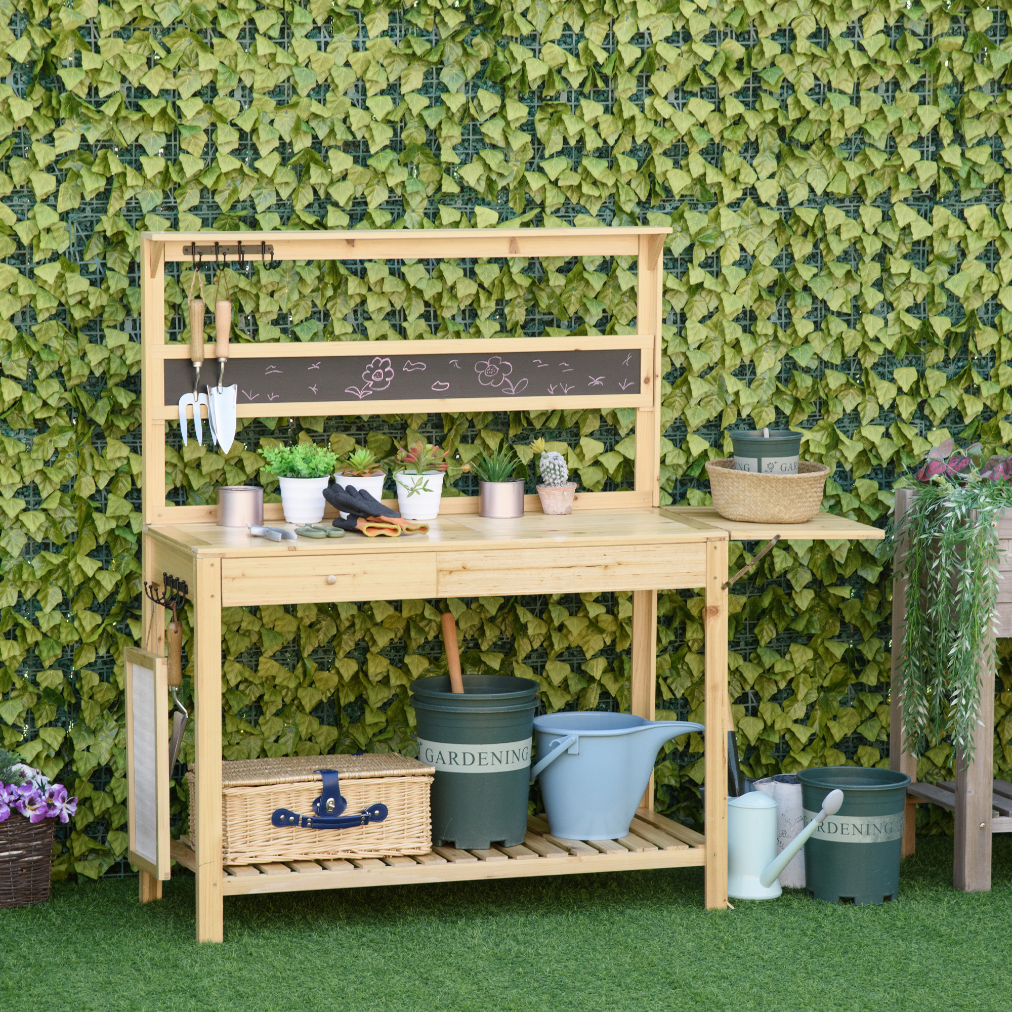 Outsunny plantentafel tuintafel met 8 haken ladeplank bloementafel van hout voor tuinterras naturel 151 x 45,5 x 143 cm