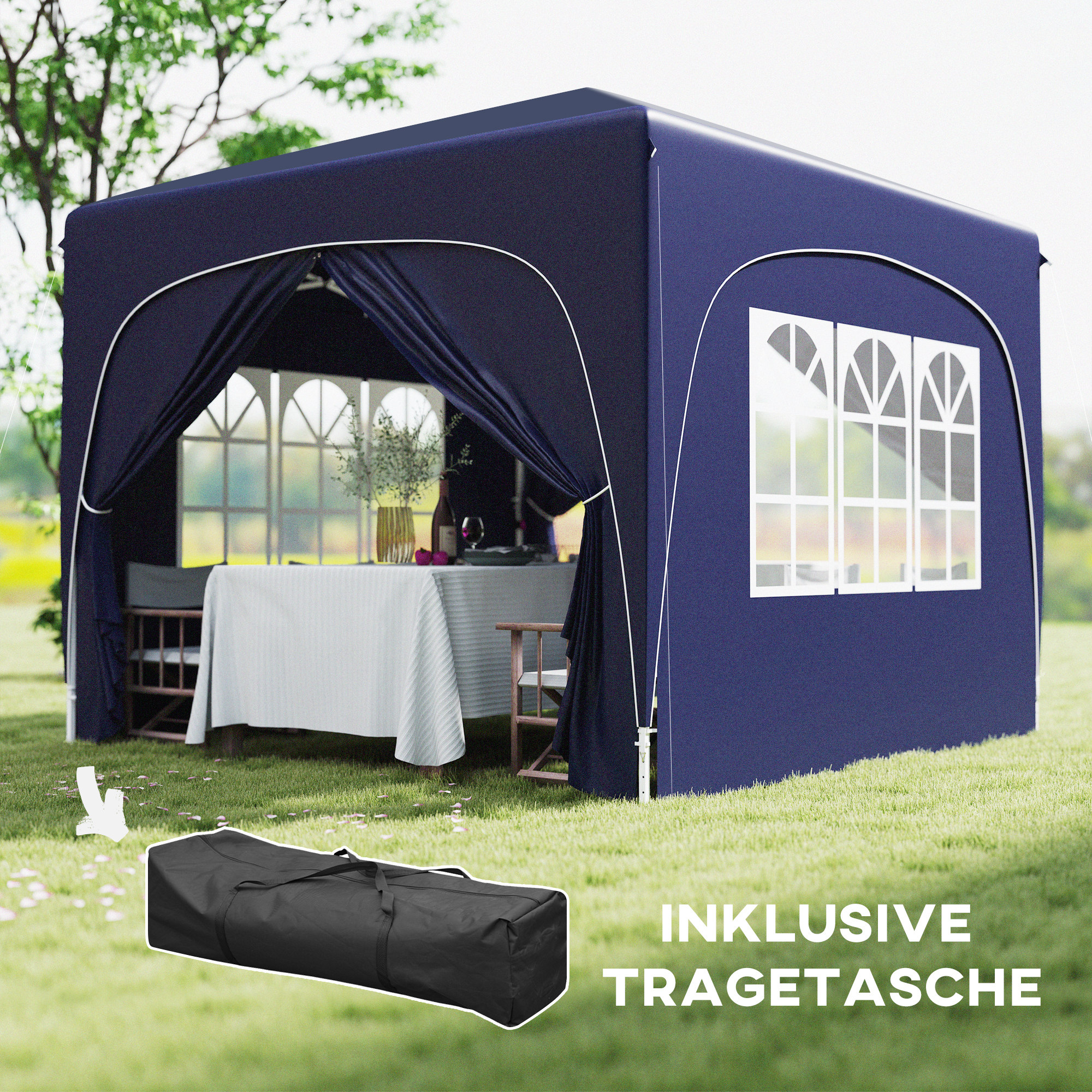 Outsunny 3 x 3 m Paviljoen, Pop-up Tuinpaviljoen met Zijwanden en Draagtas, UPF50+, Hoogteverstelbaar, Donkerblauw