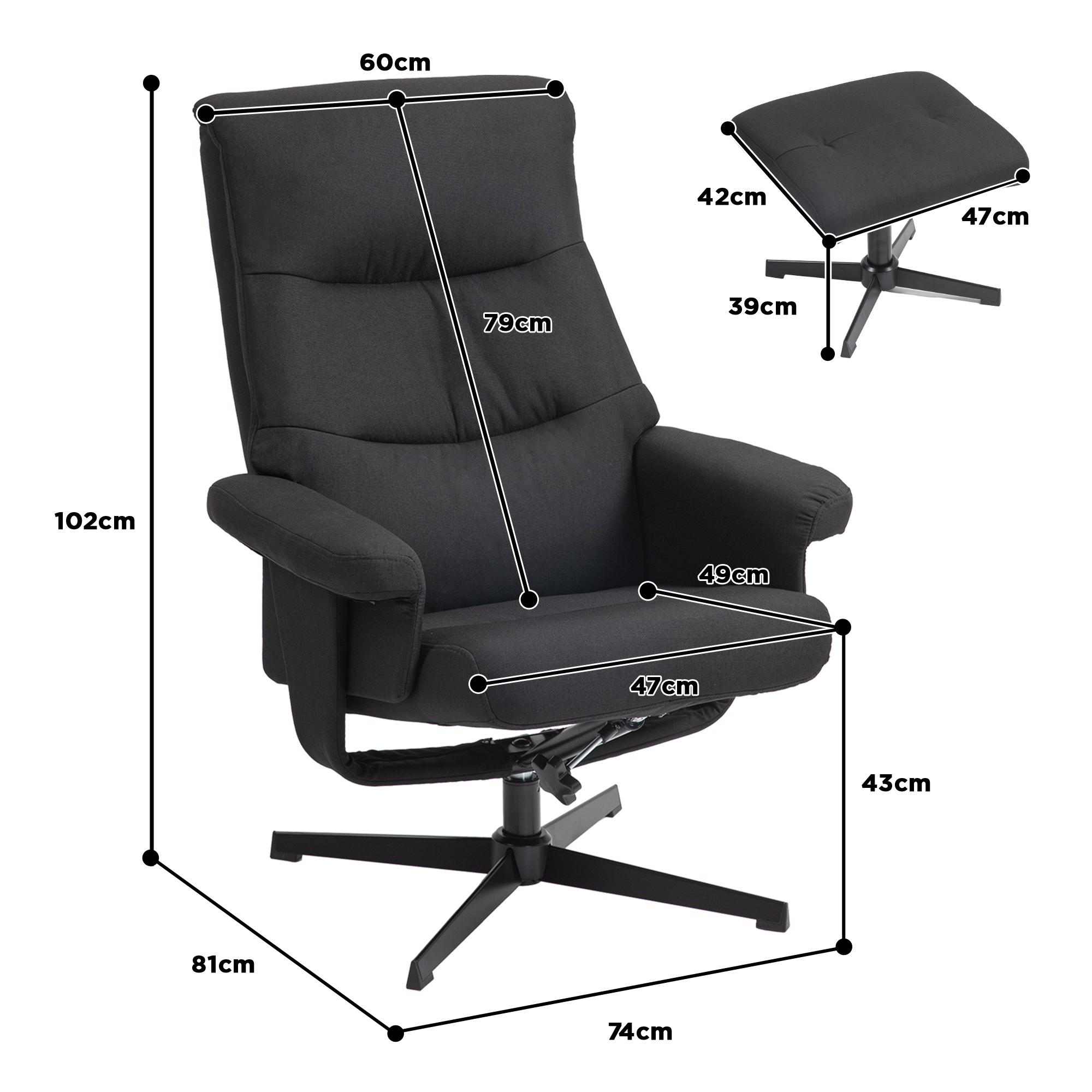 HOMCOM Draaibare Ligstoel met Voetenbank, Kantelfunctie, in Fluweel Look, Tot 150 kg, Zwart