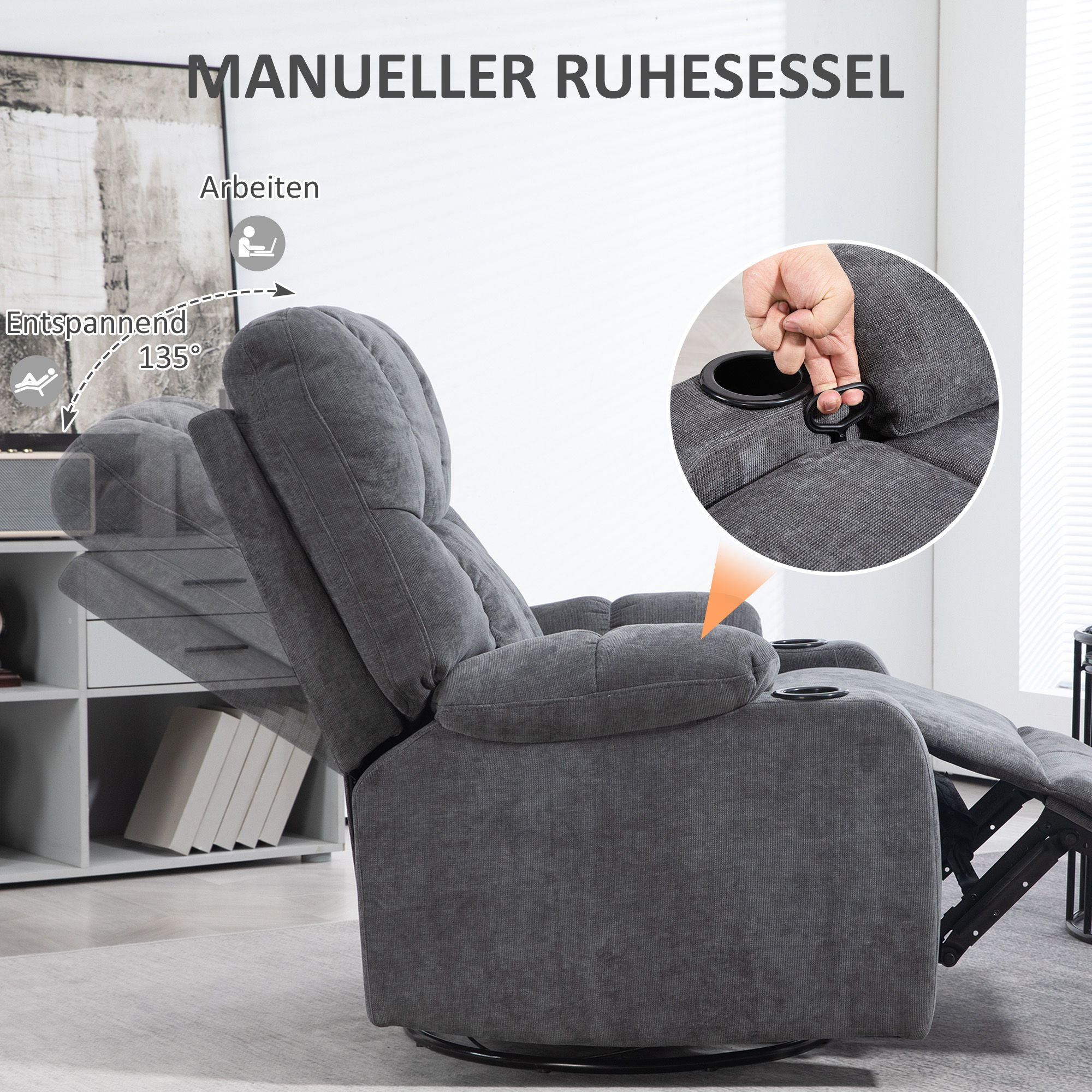 HOMCOM Relaxstoel met Voetsteun, Ligstoel, Draaibaar, tot 150 kg, Stalen Frame, 88x96x108cm, Donkergrijs