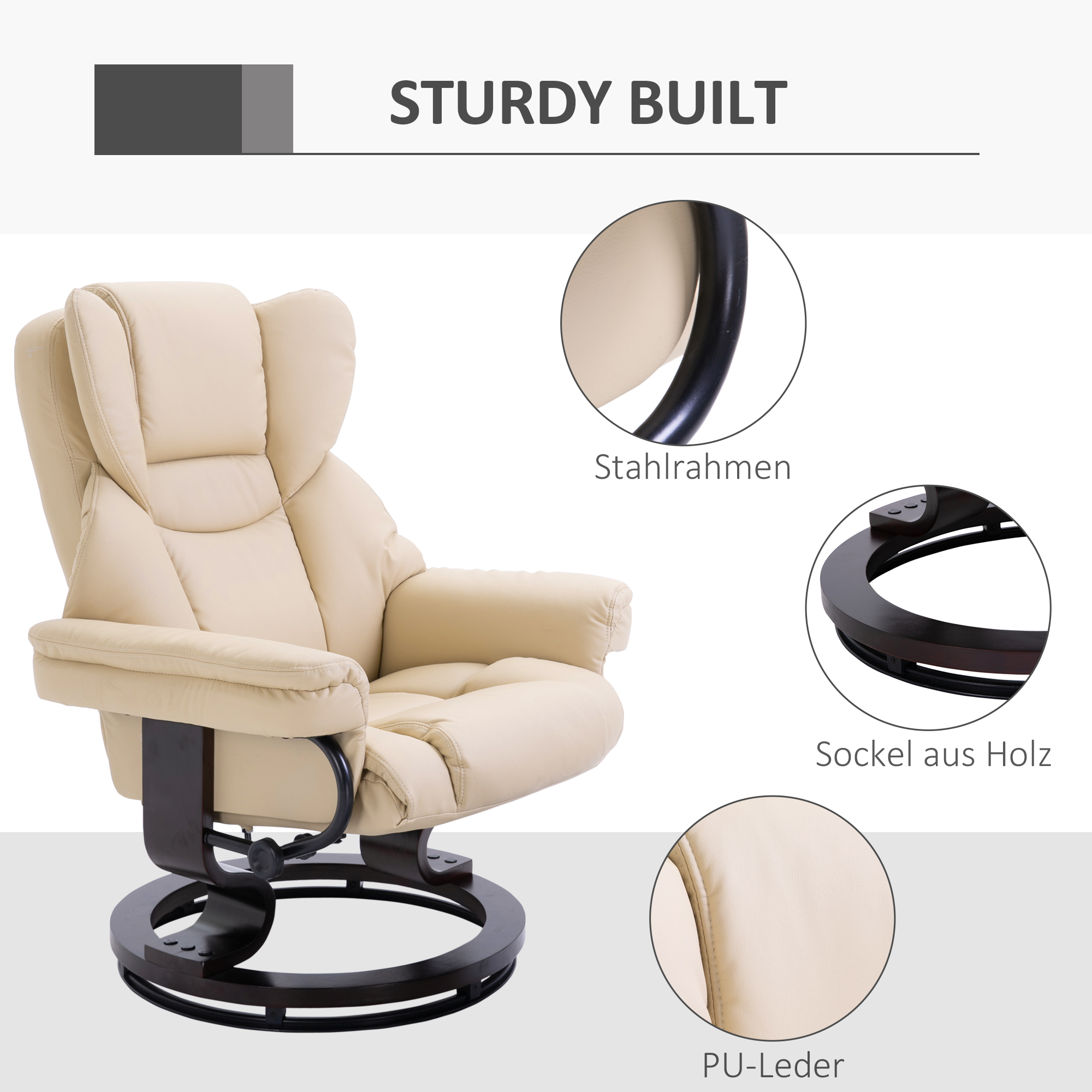 HOMCOM Fauteuil met kruk, ligfunctie, draaibaar, tot 160 kg, kunstleer, metalen frame, crème, 80 x 79 x 100 cm