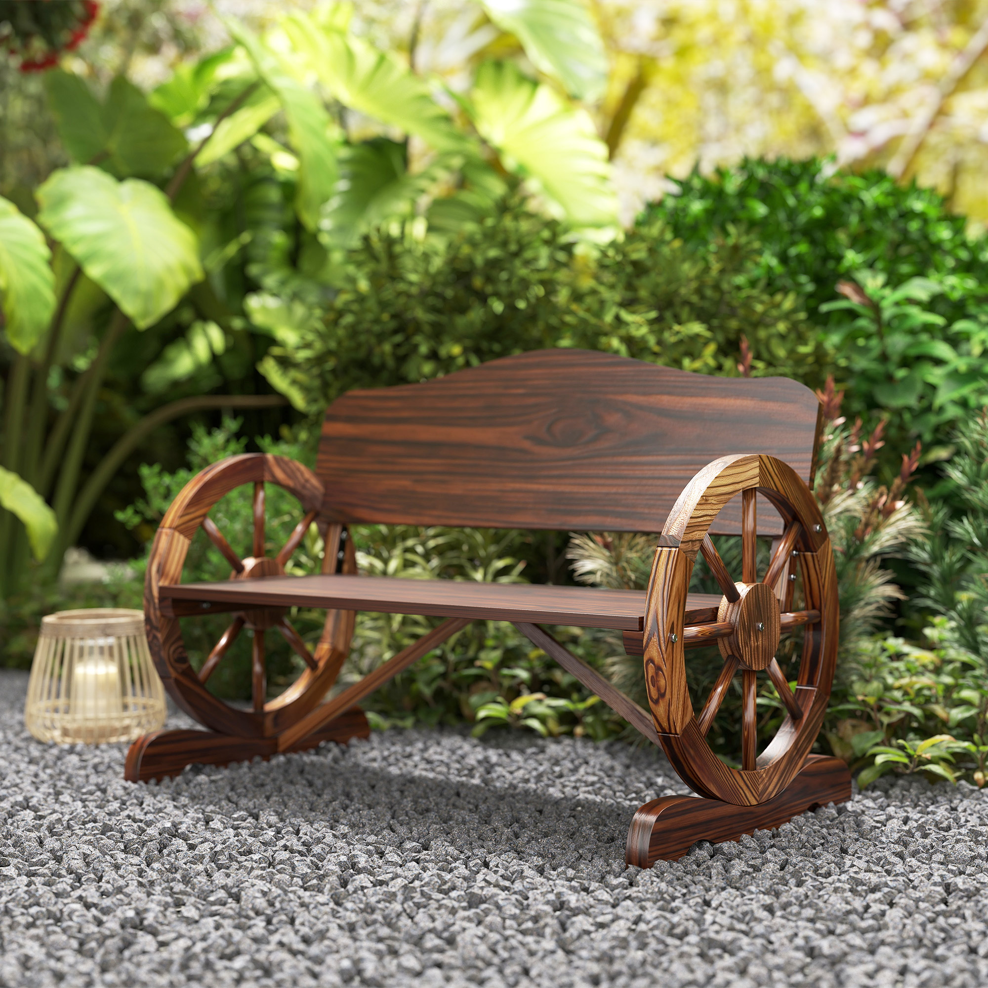 Outsunny 2-Zits Tuinbank met Wiellike Armleuningen, Rustieke Outdoor-Bank voor Terras, Veranda, Vurenhout, Bruin