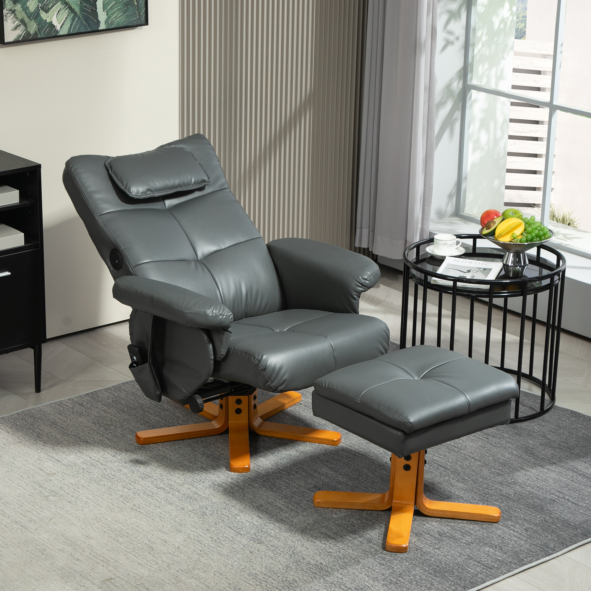 HOMCOM Massagestoel met Voetenbank, Verstelbare Rugleuning, USB-Oplaadpoort, Lederlook, tot 150 kg, Donkergrijs