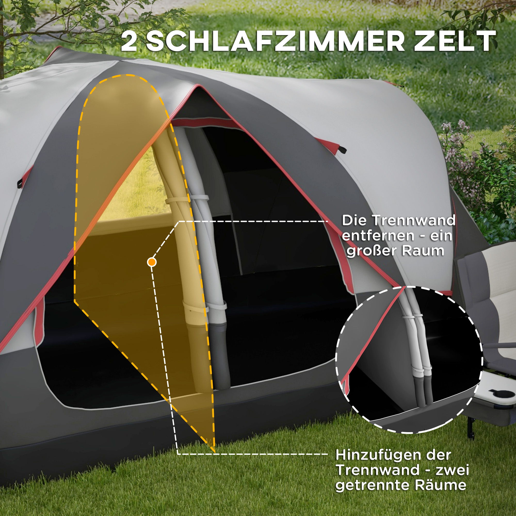 Outsunny Campingtent, 2 Kamers, Scheidingswand, voor 6 Personen, Regenbescherming, Grijs