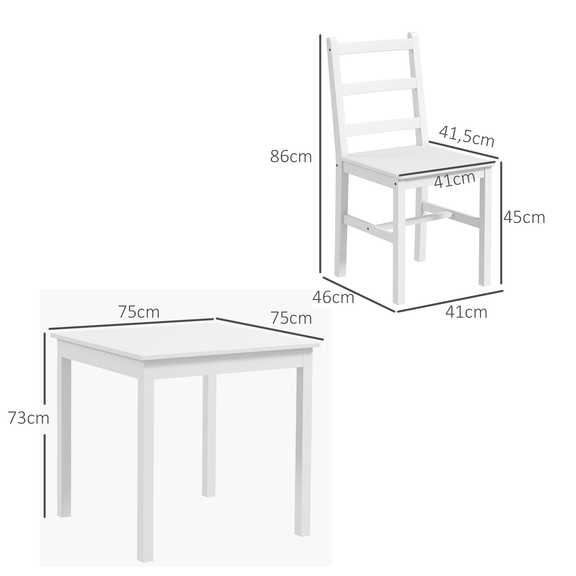 HOMCOM 3-delig Eettafelset Eetgroep Tafel met Stoelen, Grenenhout, Wit