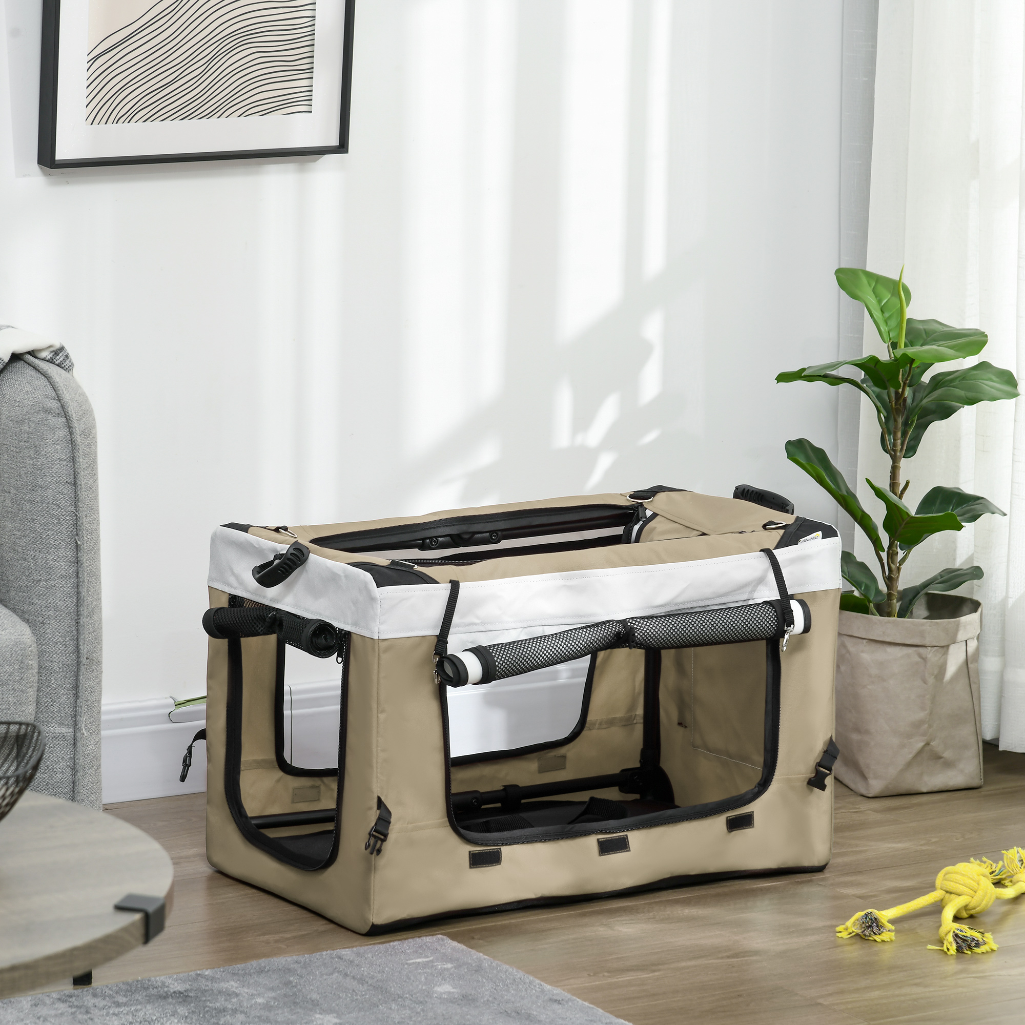 PawHut Hondenbuggy Huisdierbuggy Opvouwbaar met Afneembaar Compartiment, 81 x 58 x 97,5 cm, Zwart+Khaki+Wit
