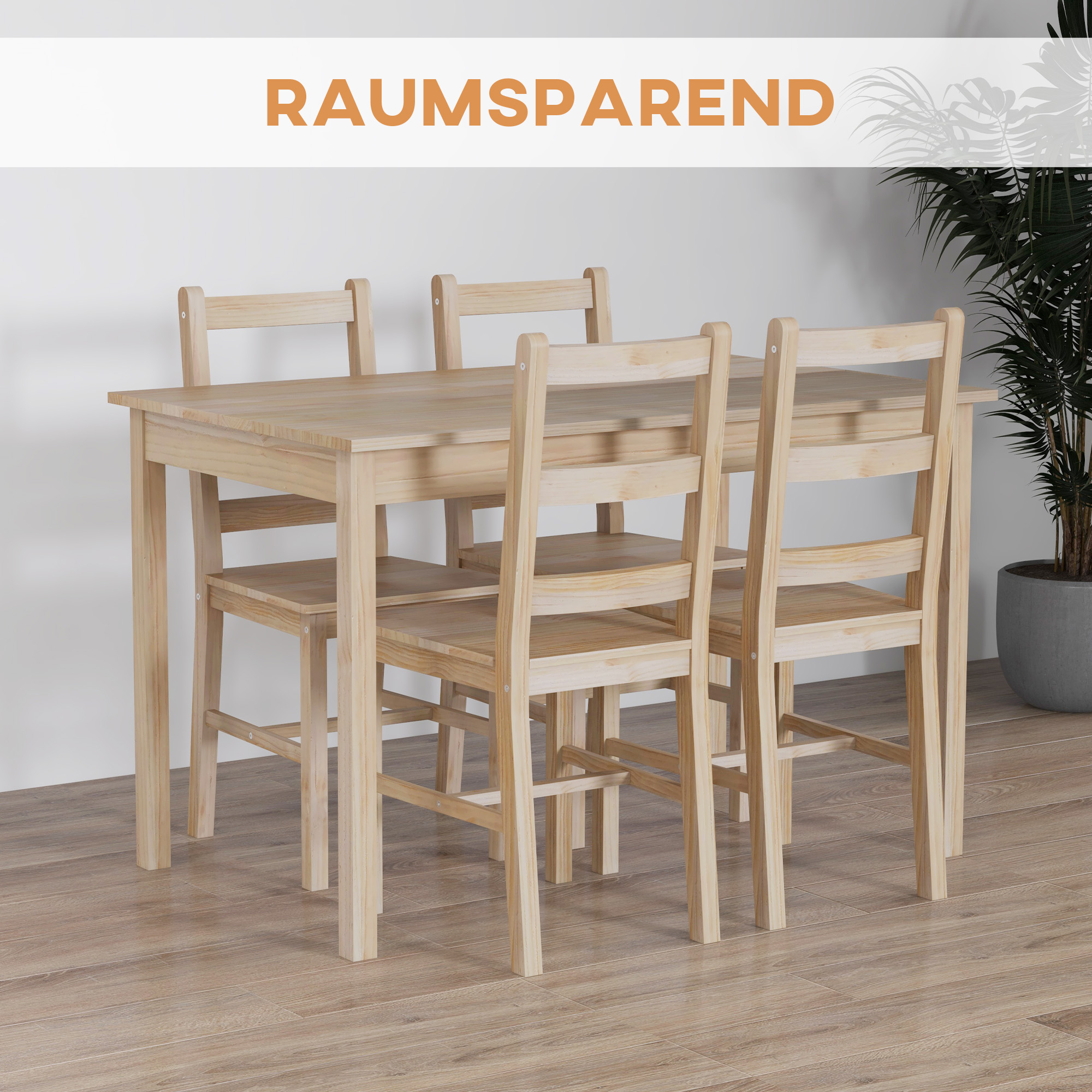 HOMCOM 5-delige Eetgroep Eettafel met Stoelen Zitgroep, Massief Hout, 118 cm x 73 cm x 75 cm, Natuur