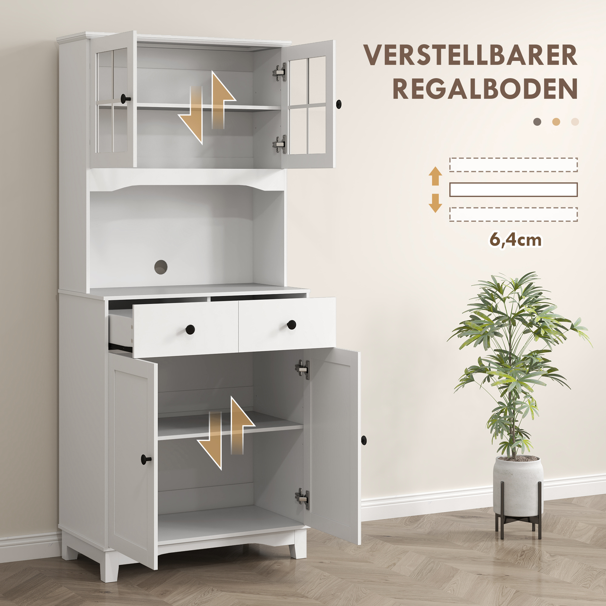 HOMCOM Vrijstaande Keukenkast met Werkblad voor Magnetron, Koffiezetapparaat, Kasten, Glazen Deuren, Wit