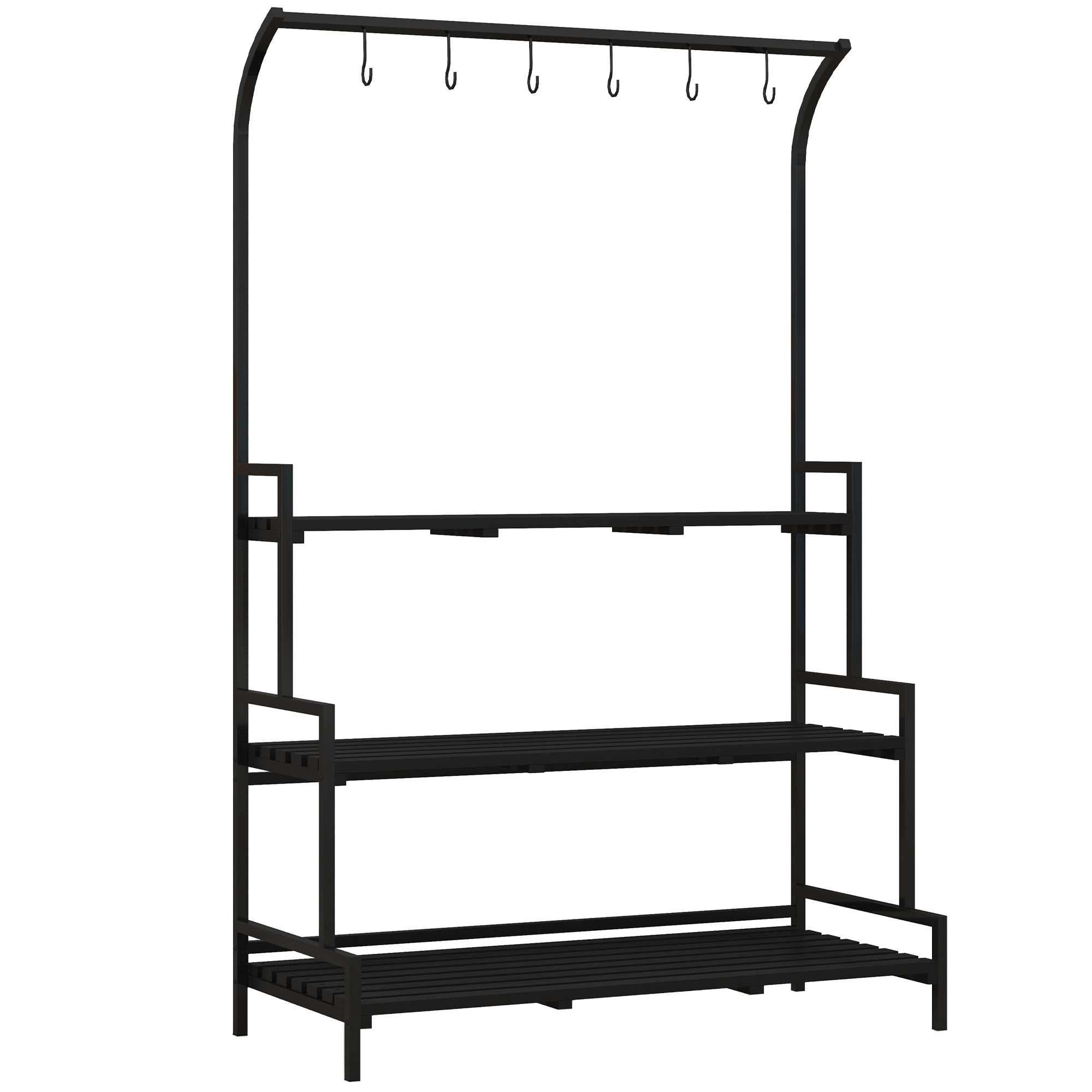 Outsunny Bloemenstandaard, 3 niveaus, 6 haken, voor binnen en buiten, metalen frame, 170H x 110L x 50B cm, zwart
