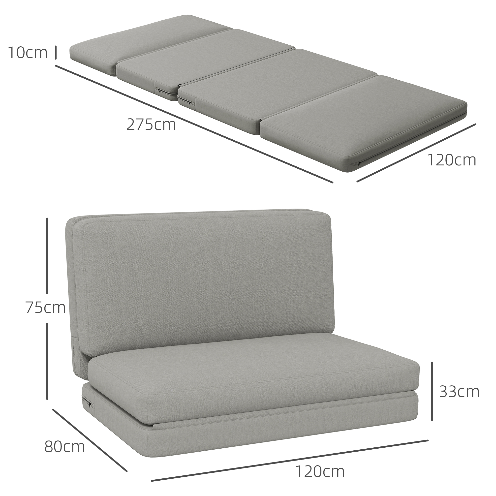 HOMCOM 2-in-1 opvouwbare Relaxstoel, Gastenmatras, deelbaar, 120 cm breed, Lichtgrijs