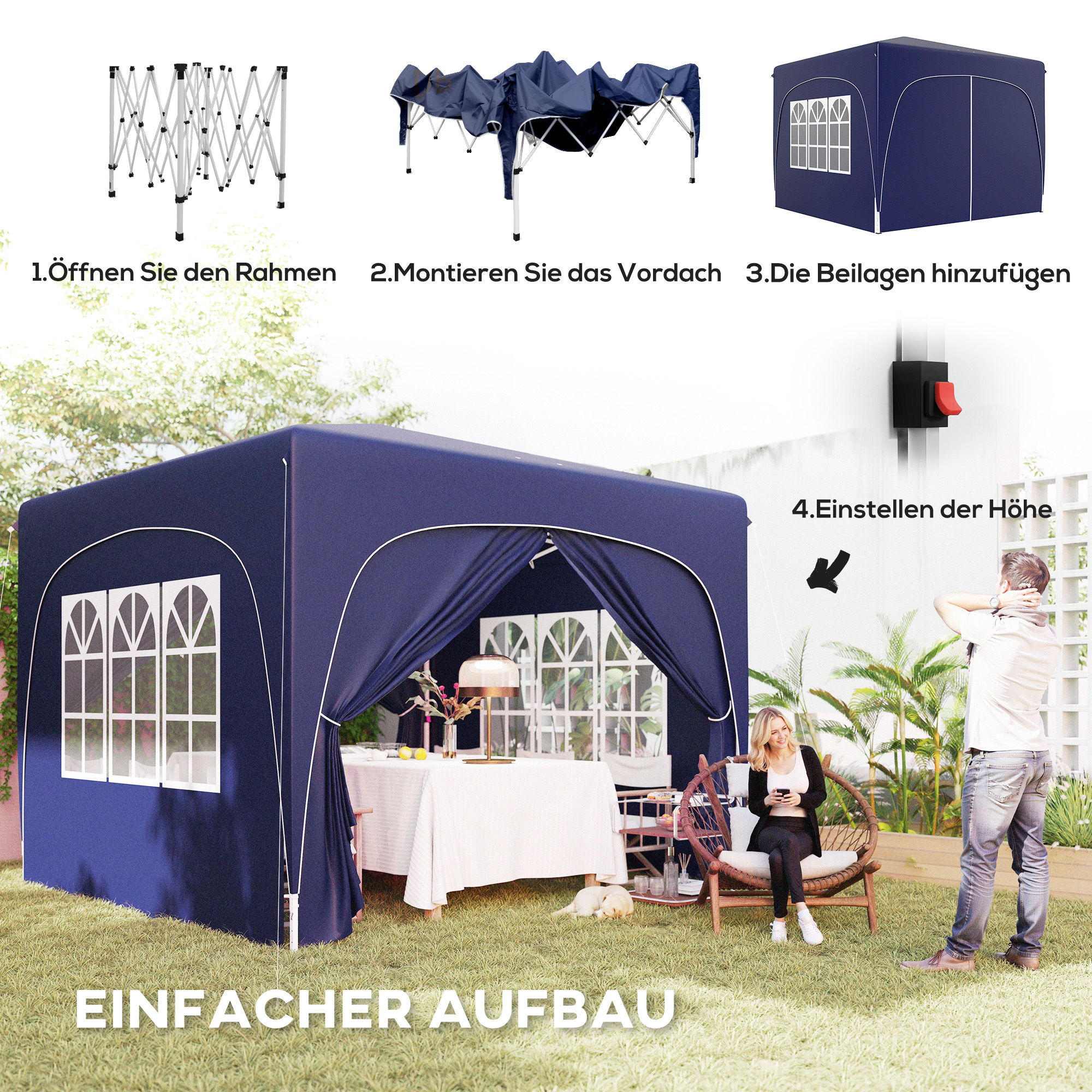 Outsunny 3 x 3 m Paviljoen, Pop-up Tuinpaviljoen met Zijwanden en Draagtas, UPF50+, Hoogteverstelbaar, Donkerblauw