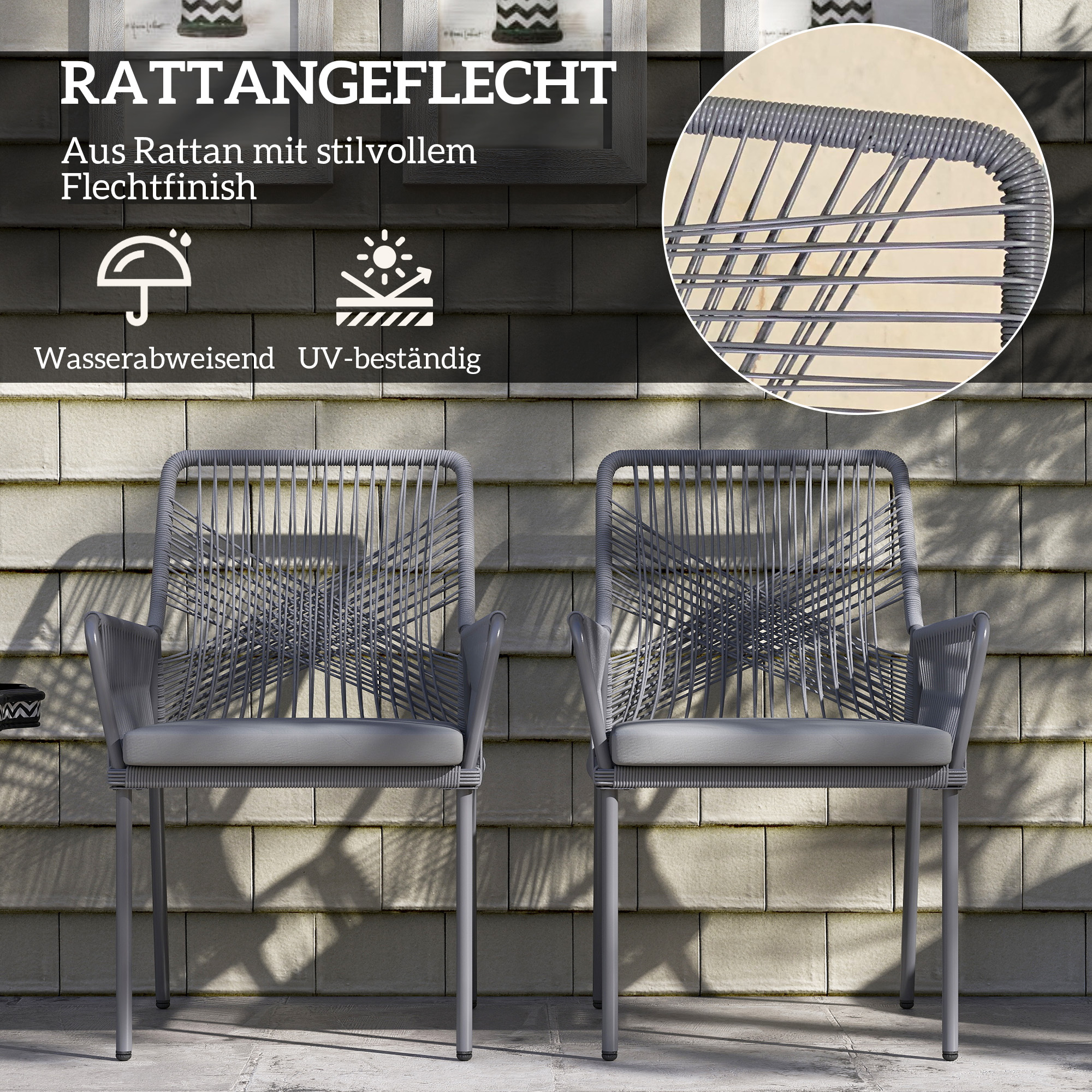 Outsunny Set van 2 Tuinstoelen, Terrasstoelen met Wasbare Kussens, Rug- en Armleuningen, Staal, Rattan, Donkergrijs