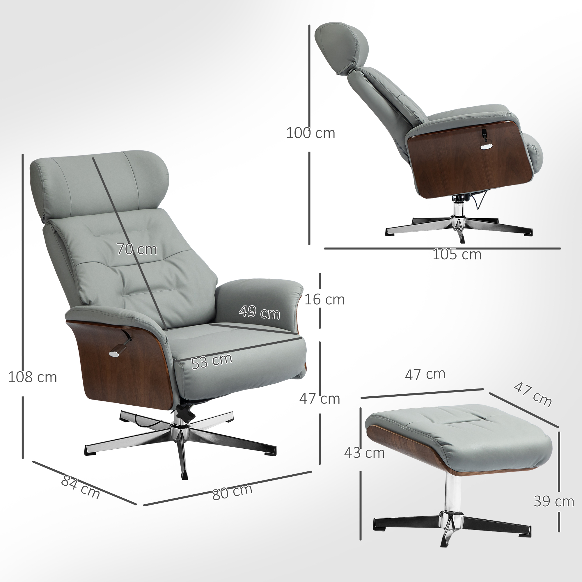 HOMCOM Relaxstoel met Hoker, Ligfunctie, Draaibaar, Lederoptiek, tot 150 kg, Lichtgrijs