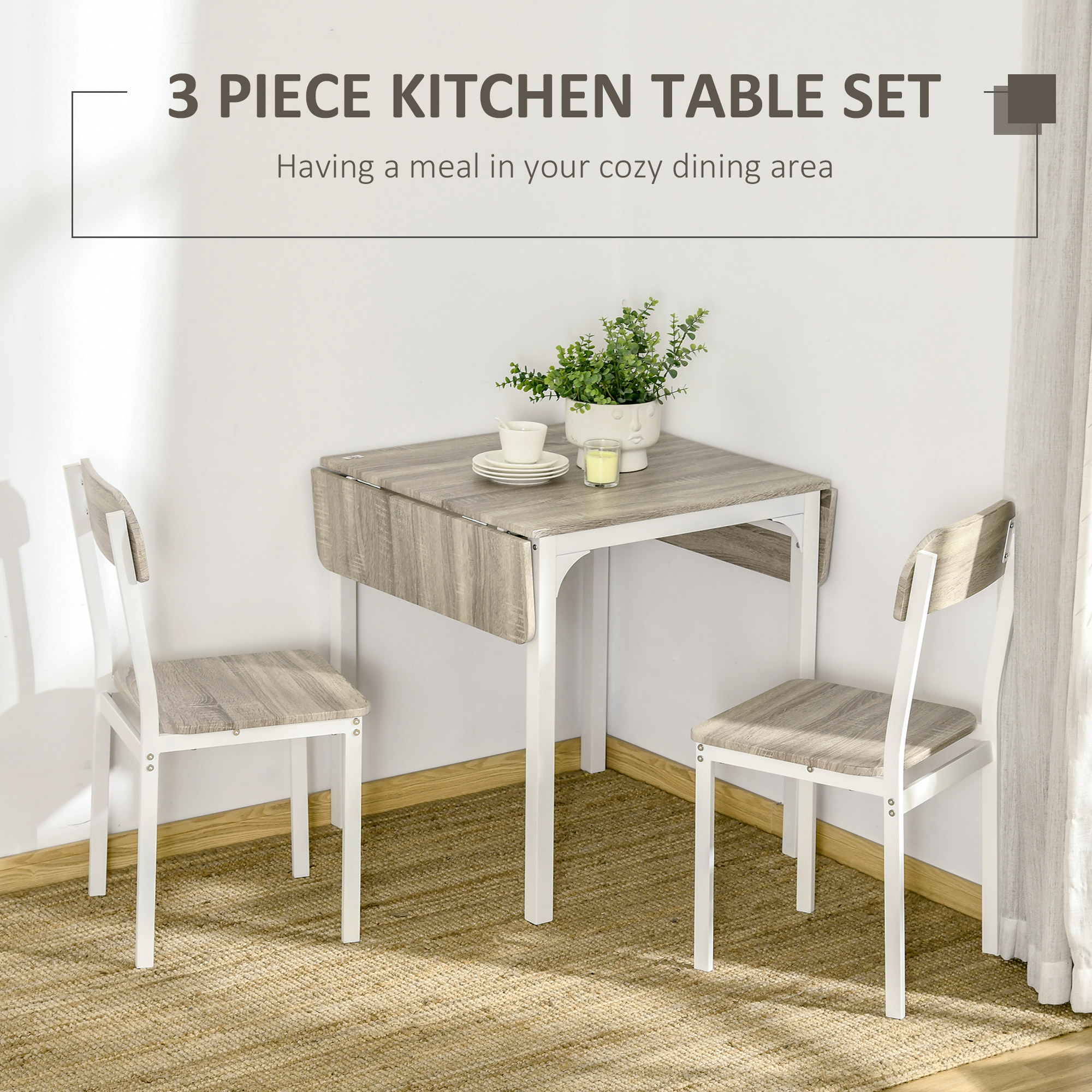 HOMCOM 3-delige Eetkamerset, Klaptafel met 2 Stoelen, 110 cm x 70 cm x 75 cm, Wit + Natuur
