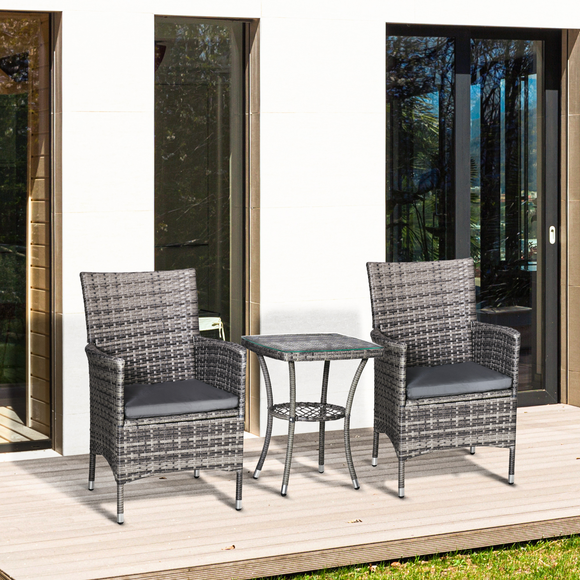 Outsunny 3-delige zitgroep in rotanlook met zitkussens, metaal+polyrattan+polyester, donkergrijs