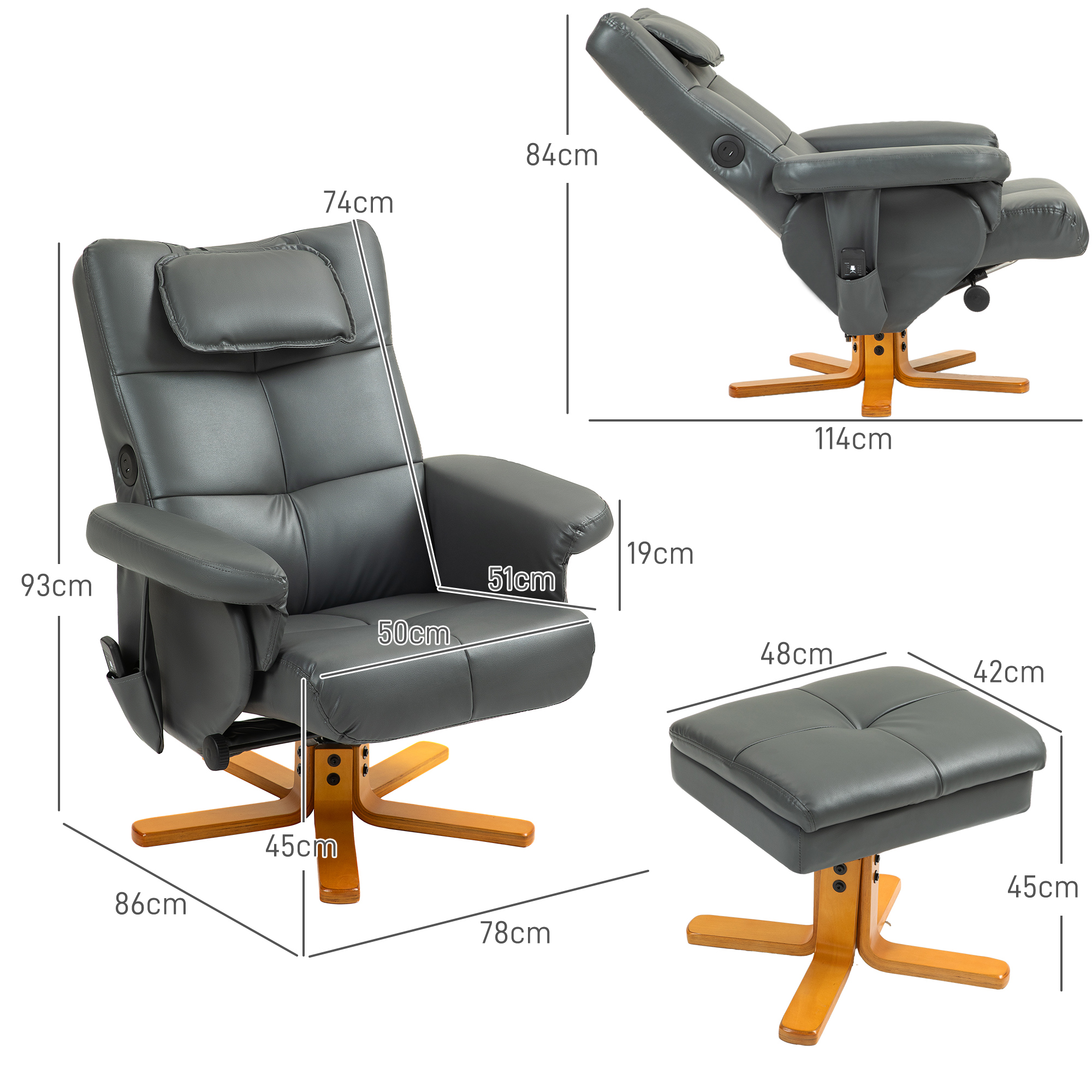 HOMCOM Massagestoel met Voetenbank, Verstelbare Rugleuning, USB-Oplaadpoort, Lederlook, tot 150 kg, Donkergrijs