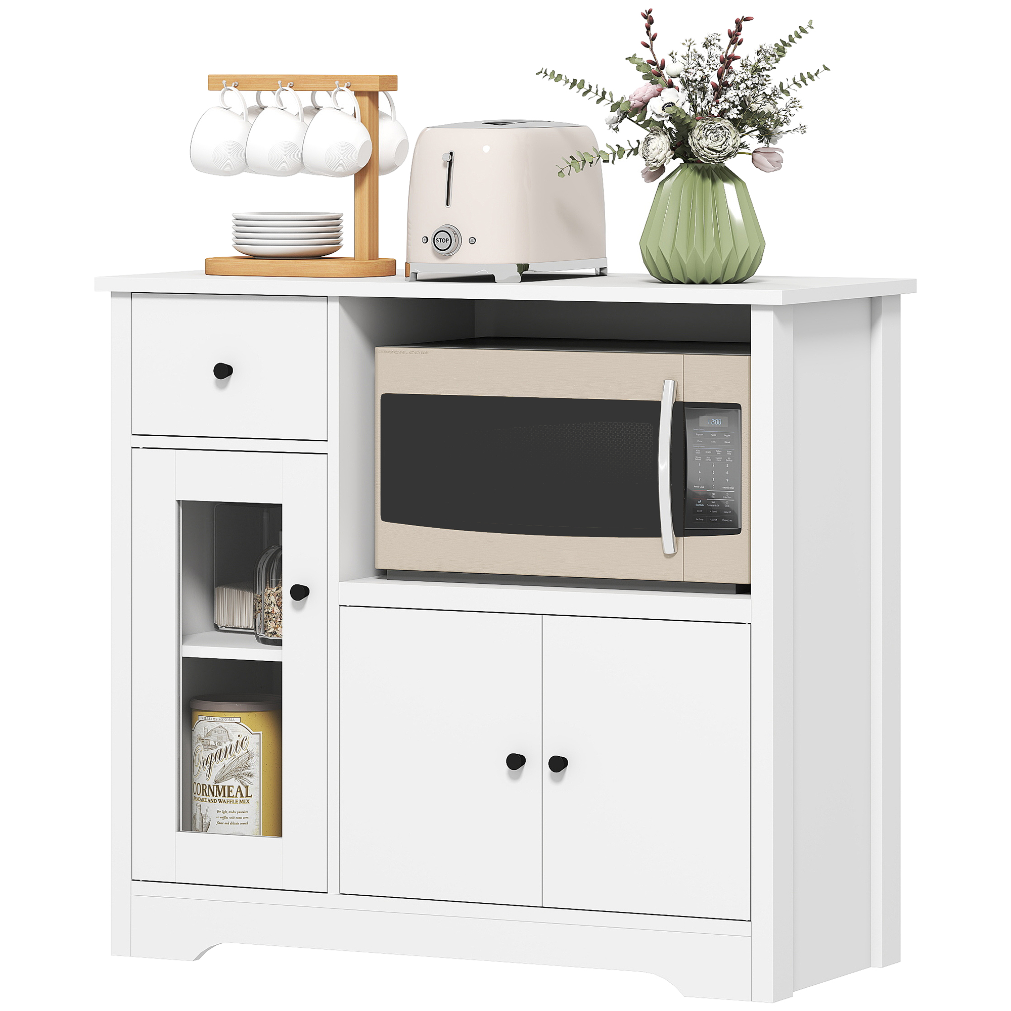 HOMCOM Keukenkast met Kabeldoorvoer, Commode met 2 Kasten, Open Vak, Lade, 80 x 35 x 72,2 cm, Spaanplaat, Wit