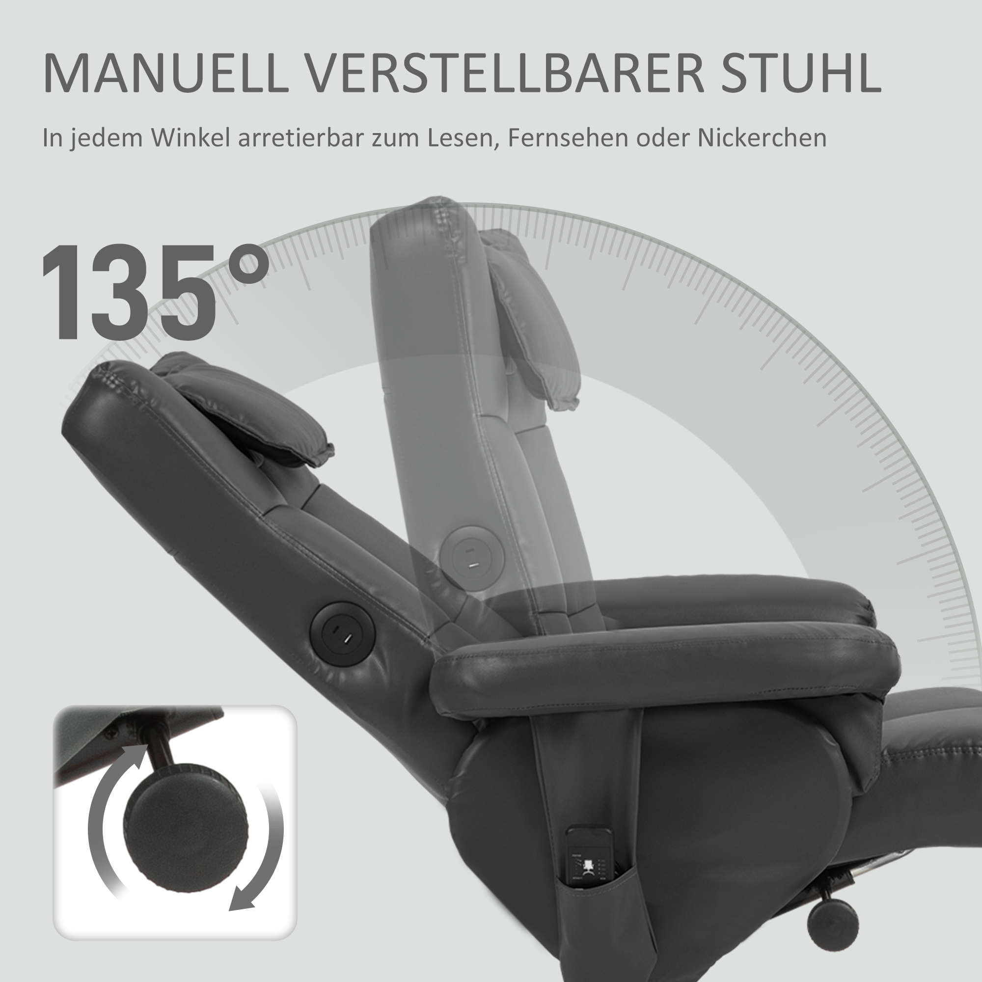 HOMCOM Massagestoel met Kruk, Verstelbare Rugleuning, USB-laadpoort, Lederlook, tot 150 kg, Zwart