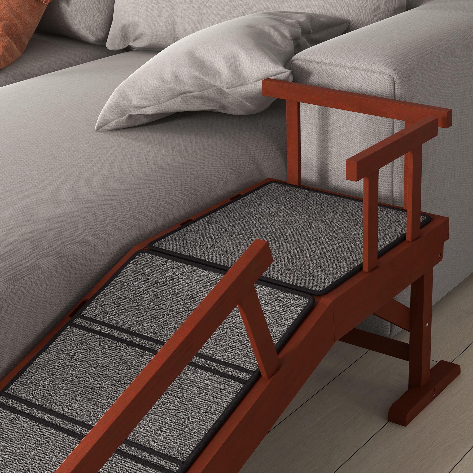 PawHut Huisdierloopplank, Afneembare Leuningen, Antislip, Grenenhout, tot 30 kg, 125x40x56cm, Bruin/Grijs